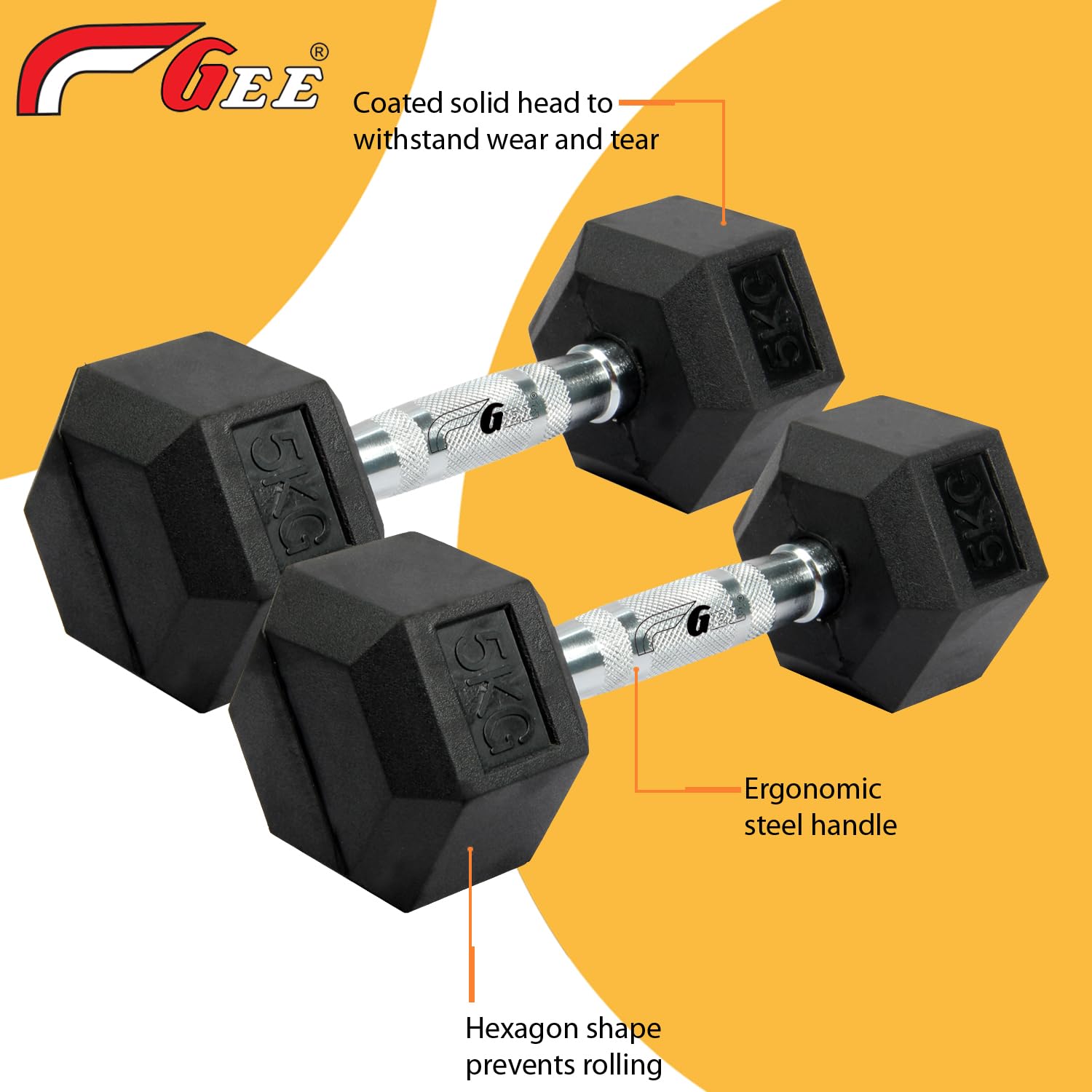Gee Rubber Coated Fixed Weight Hex Dumbbells 5kg (Pack Of 2 Pcs) 1