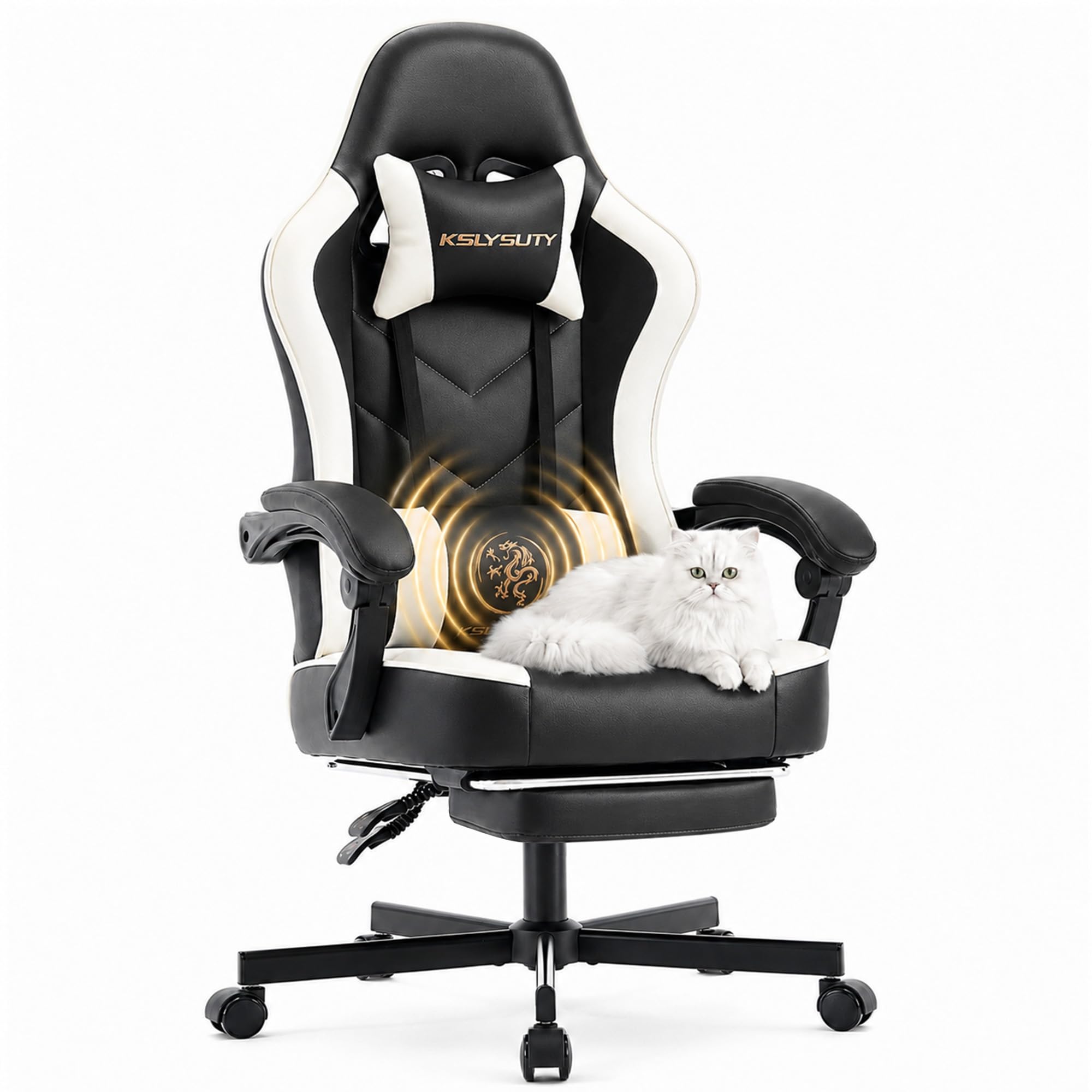 Desk Computer Gaming Chair - High Back Ergonomic Office Chair with Footrest and Lumbar Support, Swivel Comfy Home Gamer Video Game Chairs with Pocket Spring Cushion for Adults (White Leather)