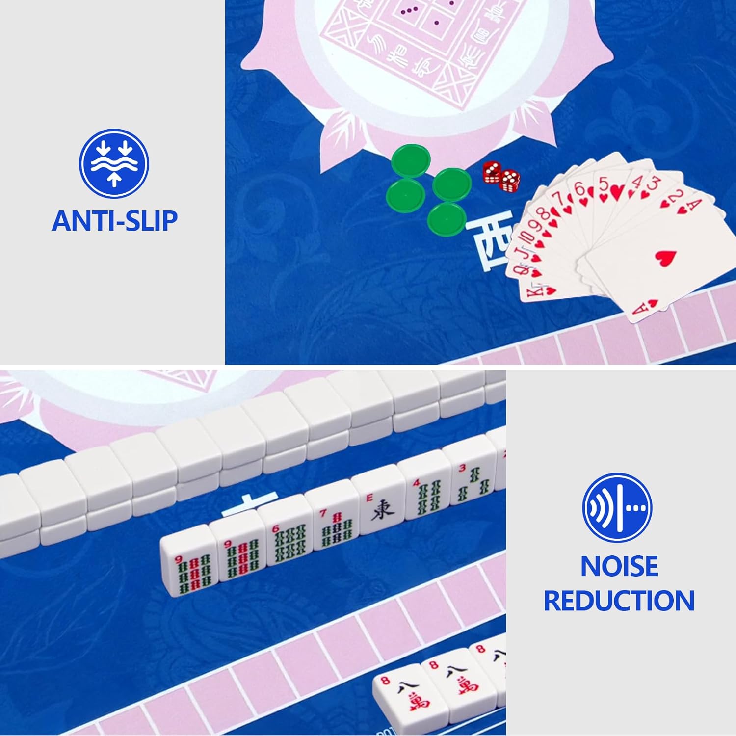 Mahjong Mat 33"x33",Non-Slip & Noise Reduction Mahjong Table Mat,Portable Game Mat for Poker,Board Games,Tile Games,Card Games,Dominoes(Blue)