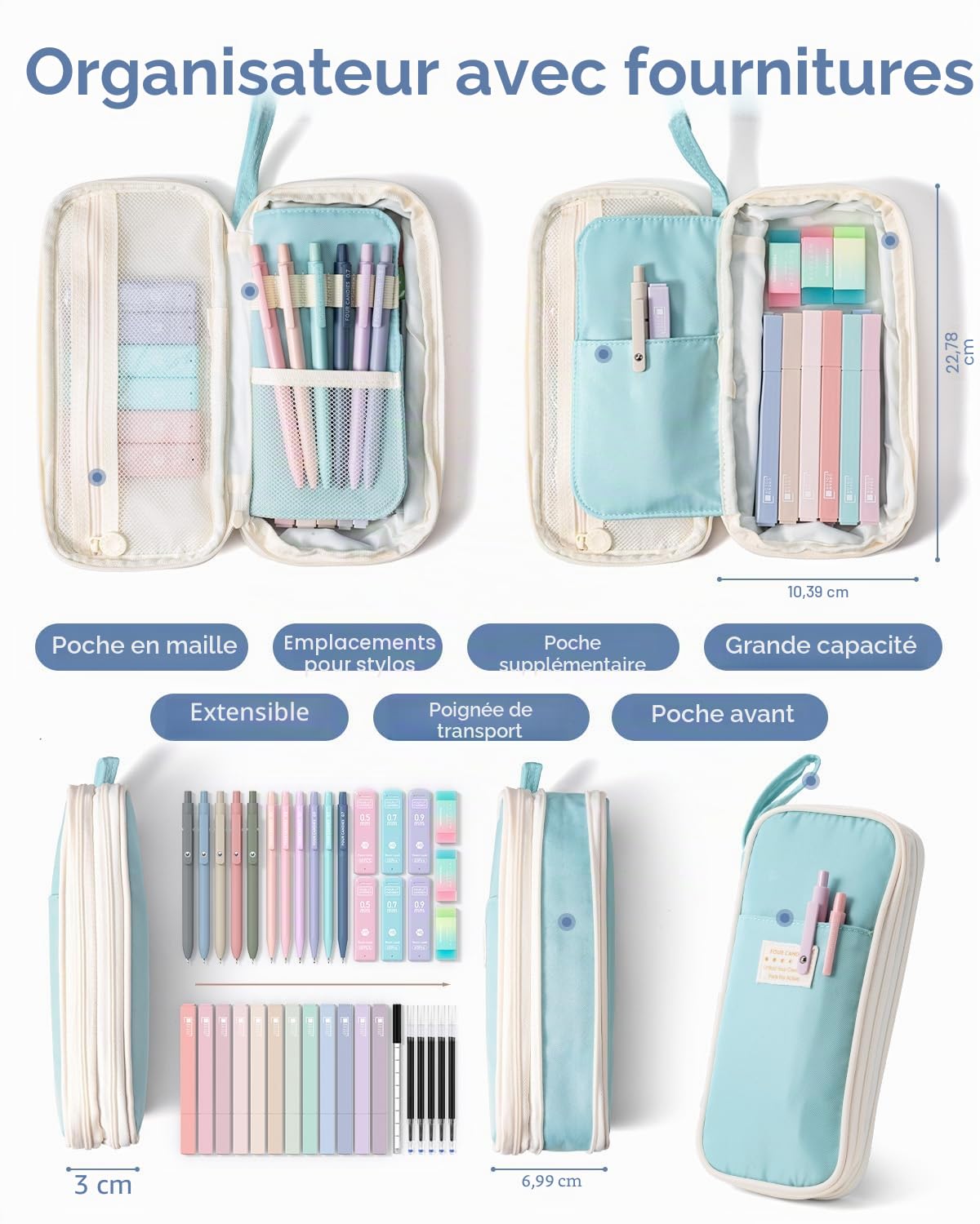 Four Candies Lot de 39 fournitures scolaires esthétiques avec jolie trousse à stylos, 12 surligneurs pastel, 5 stylos à encre gel noire, 6 porte-mines de 0,5 et 0,7 mm pour étudiants (bleu)