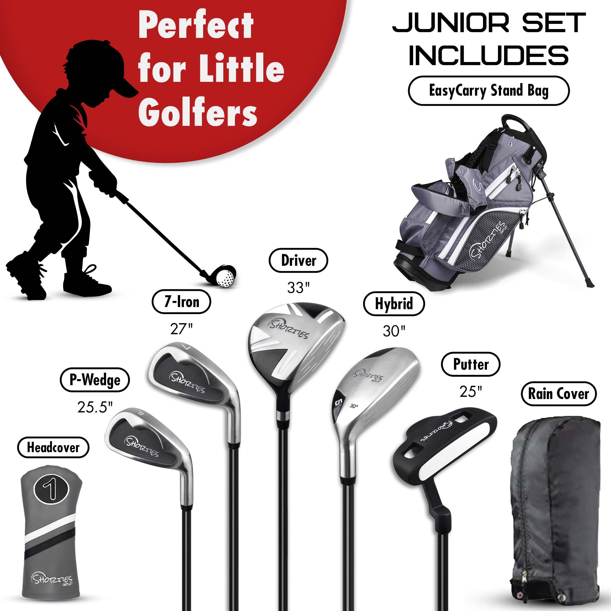Shorties Golf - Kinder-Golfschläger-Set, perfekt für Kleinkinder, Golfer und Kinder, 86,4 cm - 129,5 cm hoch, EasyCarry Standtasche, Fahrer, 7 Eisen, Putter, Schlägerhaube und Regenschutz