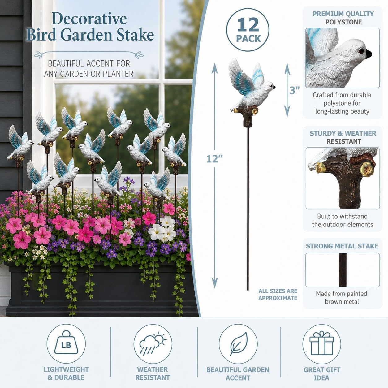 BANBERRY DESIGNS White Dove Garden Stakes Set of 12 – 12 Inch Outdoor Yard Decorations – Peace Hope Joy Lawn Picks for Wedding Decor Memorial Service Sympathy Garden Decorations Outdoor