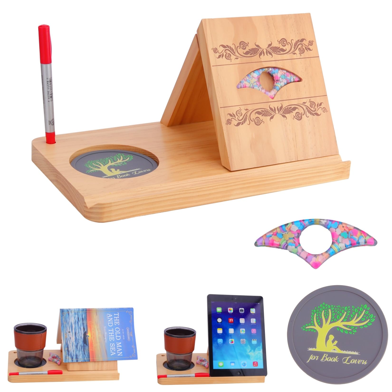 Wooden Triangle Book Rest with Cup Holder, Book Nook Reading Valet, Christmas Gifts for Book Lovers Women, Foldable No Assembly Required, Kindle Holder,Free Page Holder& Silicone Cup Mat (Wooden)