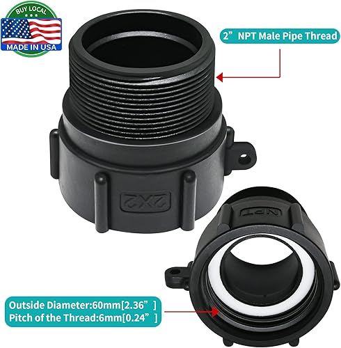 Miniatura 3 de Adaptador de asas IBC de 275 330 galones, rosca gruesa de contrafuerte hembra de 2 pulgadas x 2 pulgadas, rosca de tubería NPT macho IBC, conector