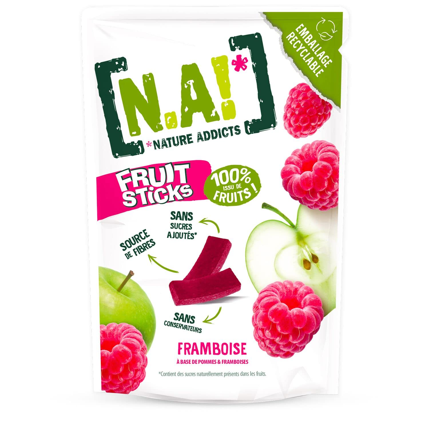 N.A! Nature Addicts - Sachet de Fruit Sticks Framboise 40g - 100% Issu de Fruits - Sans Sucres Ajoutés, Sans Édulcorants ni Conservateurs - Sachet Refermable à Emmener Partout -