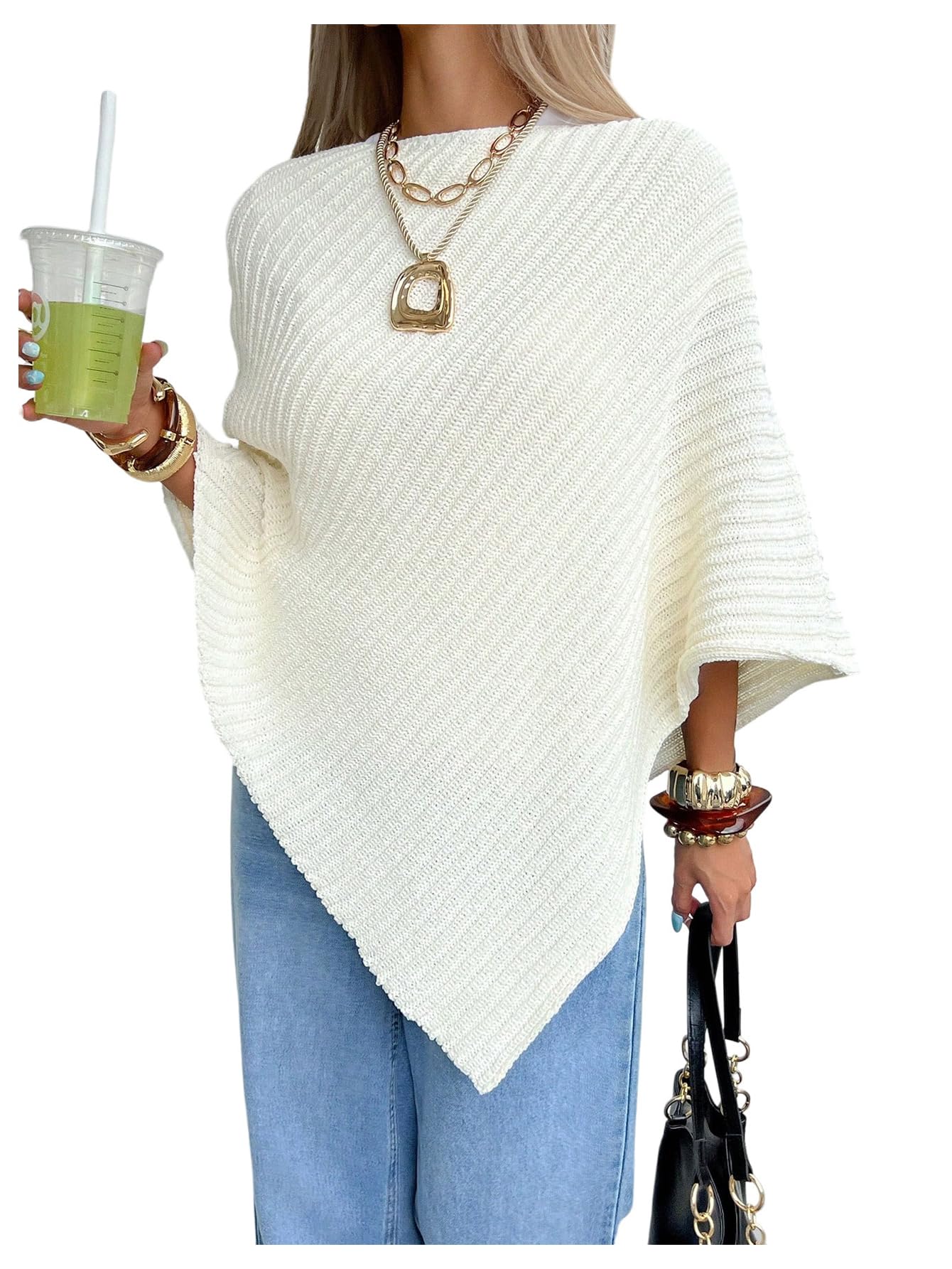 MakeMeChic Womens Cape Poncho Sweater Cloak Sleeve Boat Neck Asymmetrical Rib Knitted Tops