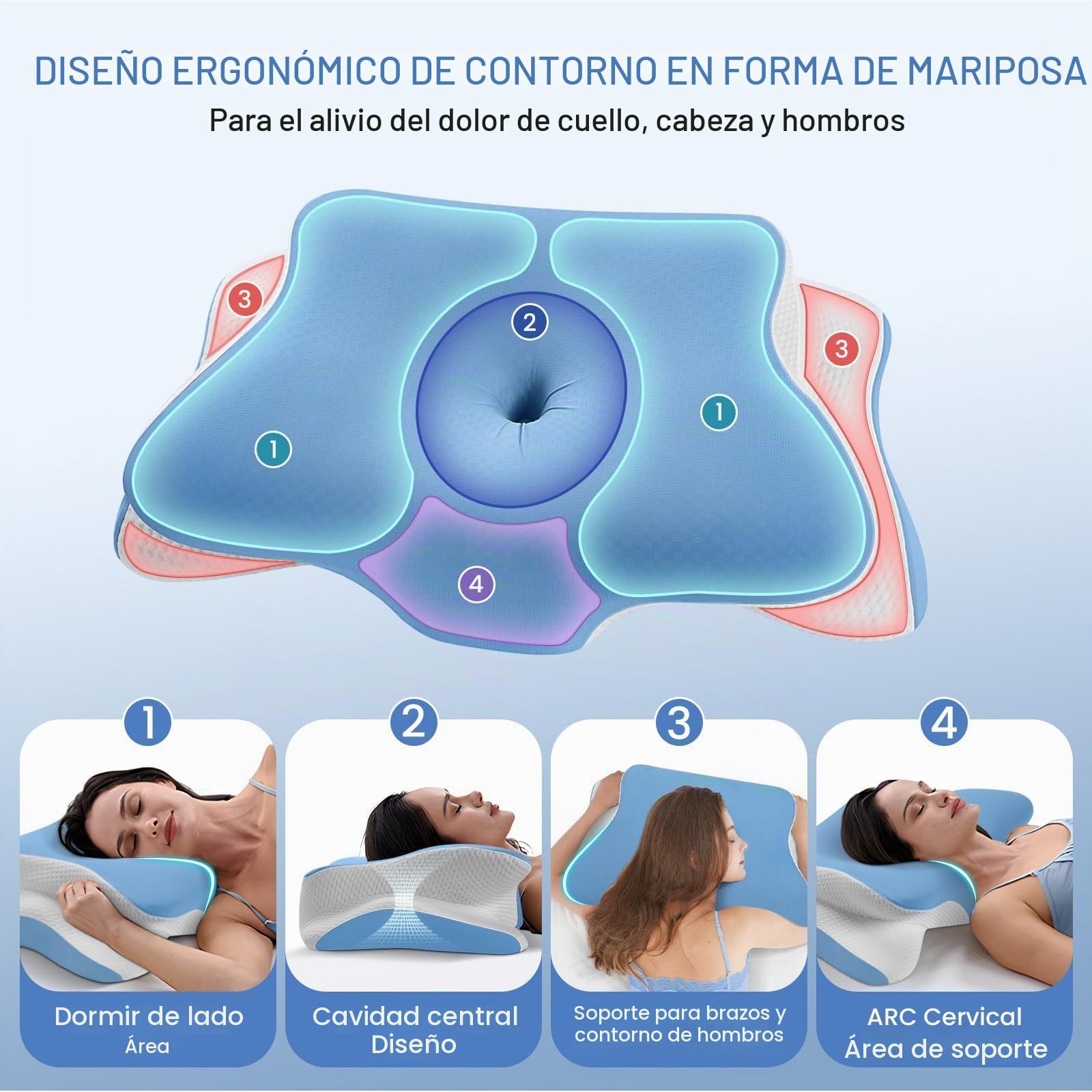 A-Pce Almohada Cervicales y Cuello Viscoelastica, 66x39x10/13cm, Azul | Viscoelástica, Funda Extraíble De Seda Fría, Efecto Refrescante, Transpirable, 2 Alturas, Para Dolor De Cuello y Hombros