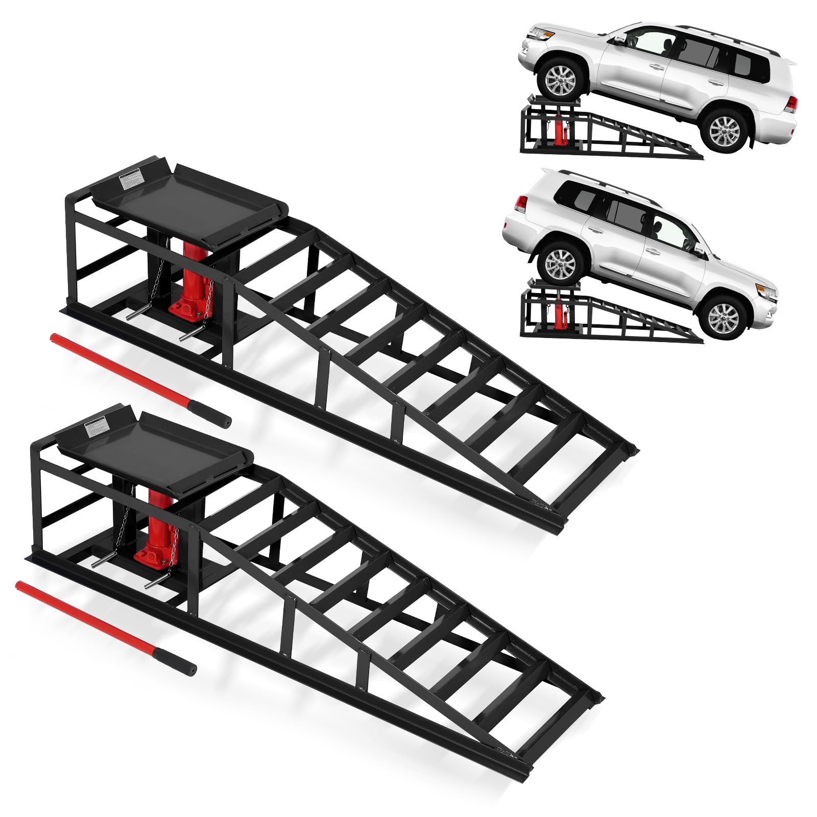 GarveeTech Hydraulic Car Ramps 2-Pack, 11000 LBS Low Profile Portable Car Lift Ramp for Oil Change & Garage Repair, Heavy Duty Steel Ramps for Trucks/Low Cars (Black)