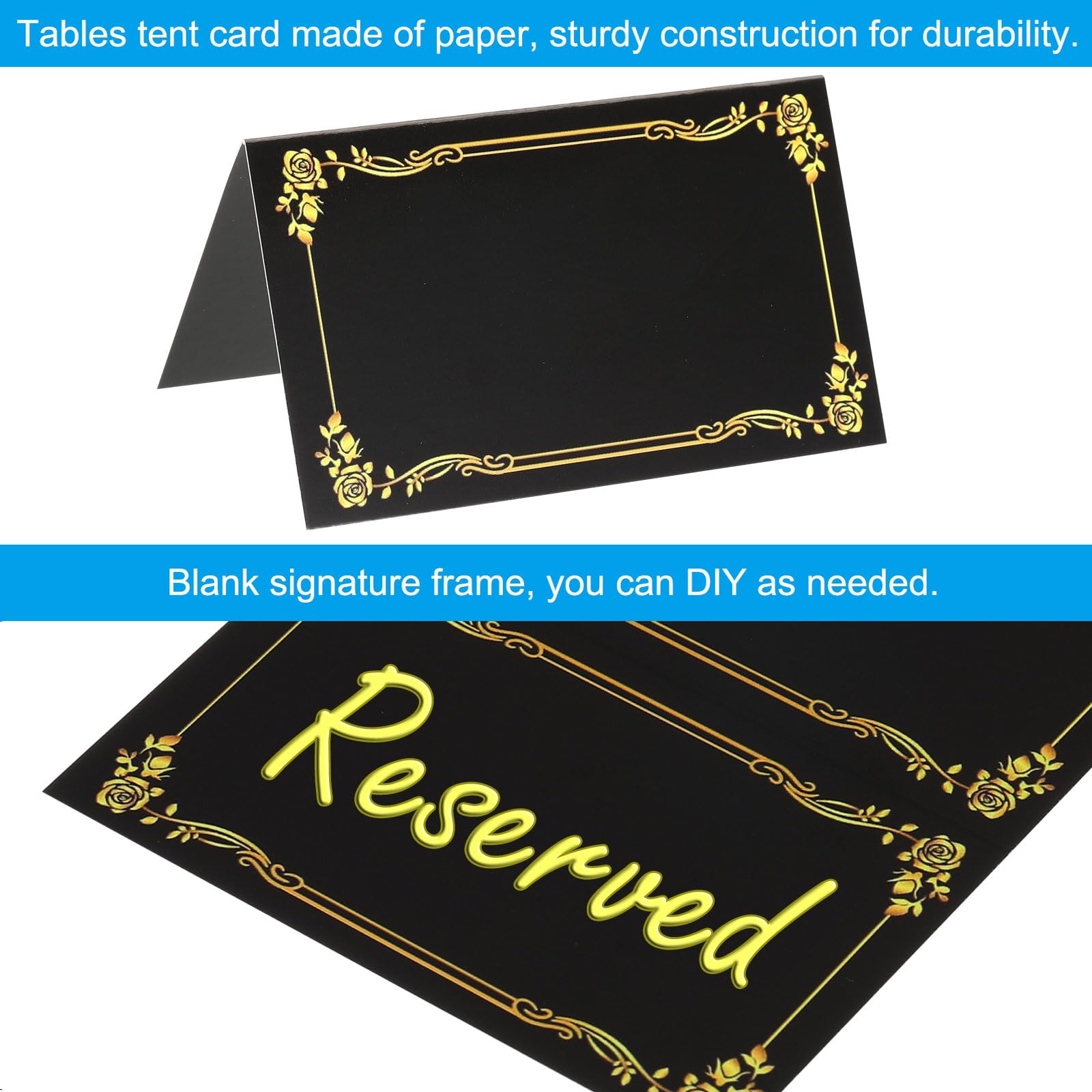 PATIKIL 100 Pack Reserved Table Signs, Gold Edge Printing Tables Tent Blank Card, Black, 10 x 8.5 cm / 3.9 x 3.3 inches - Image 3