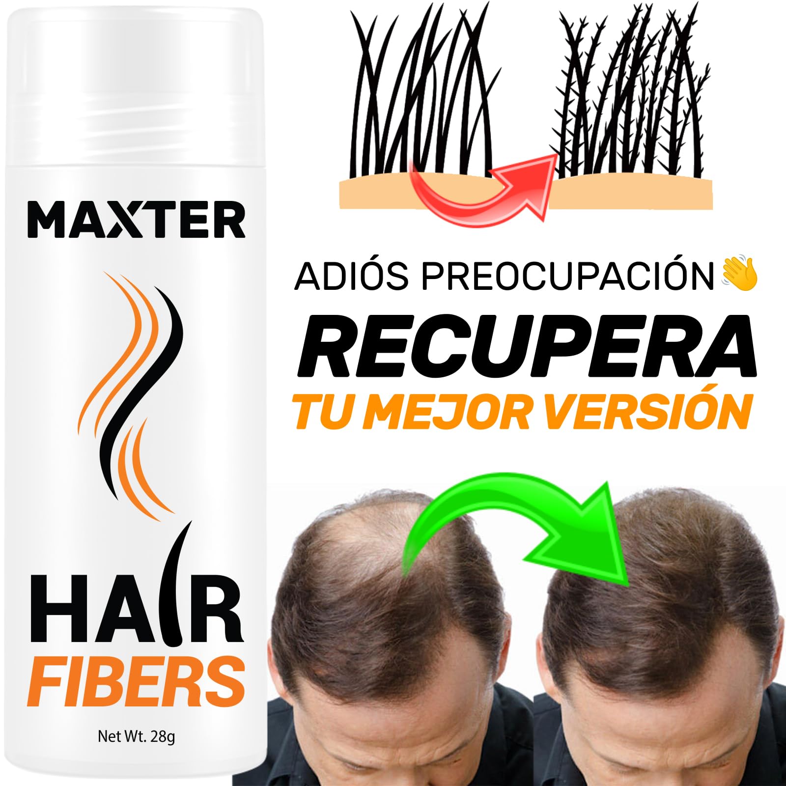 Maxter Microfibras Capilares Castaño Medio 100% Natural para Disimular Calvicie y Alopecia - Fibra Capilar Hombre y Mujer