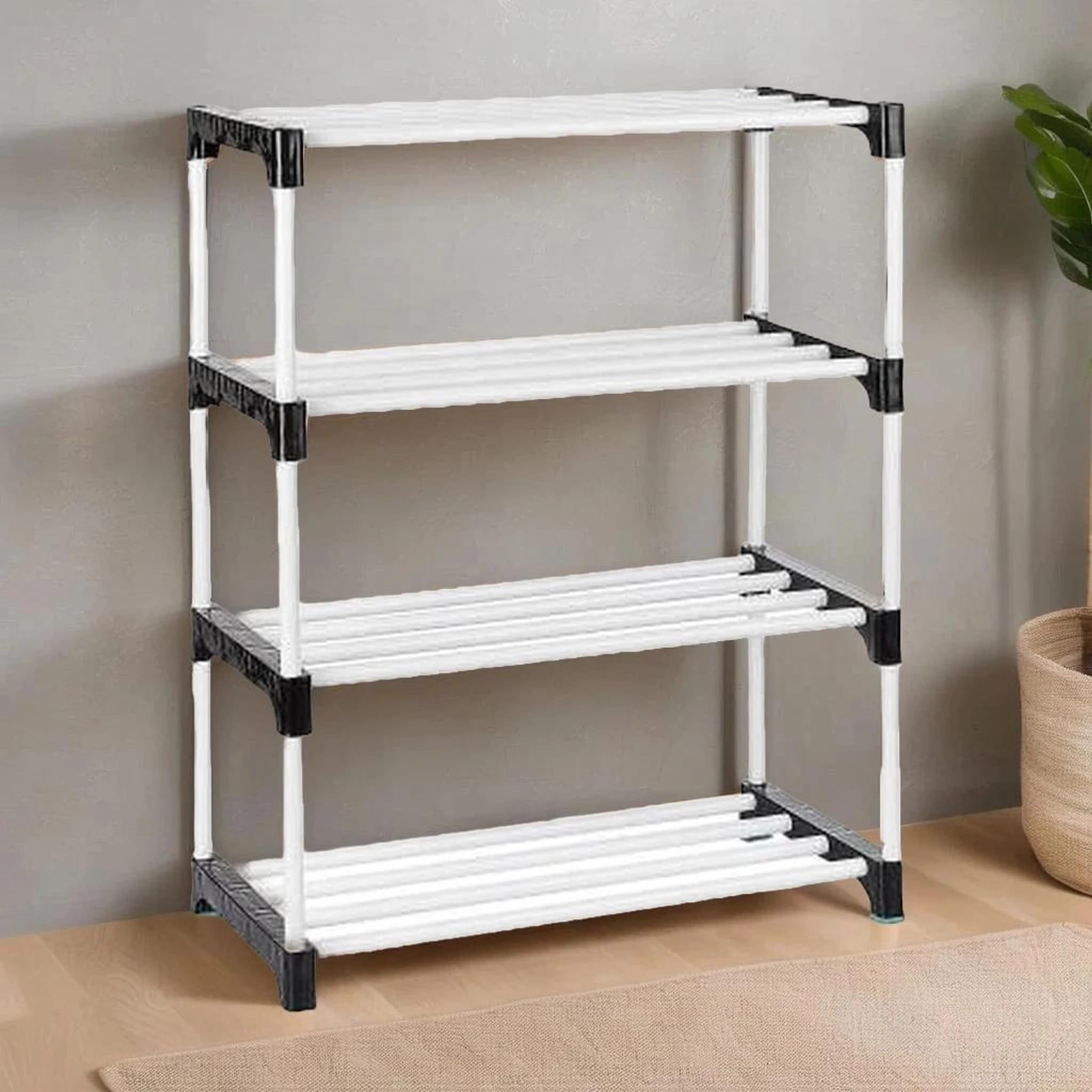 4 Tier Portable Shoe Rack Organizer Stand Plastic Multi Layer Shoe Storage Shelf for Home Bedroom Entryway Space Saving White & Black-image-25