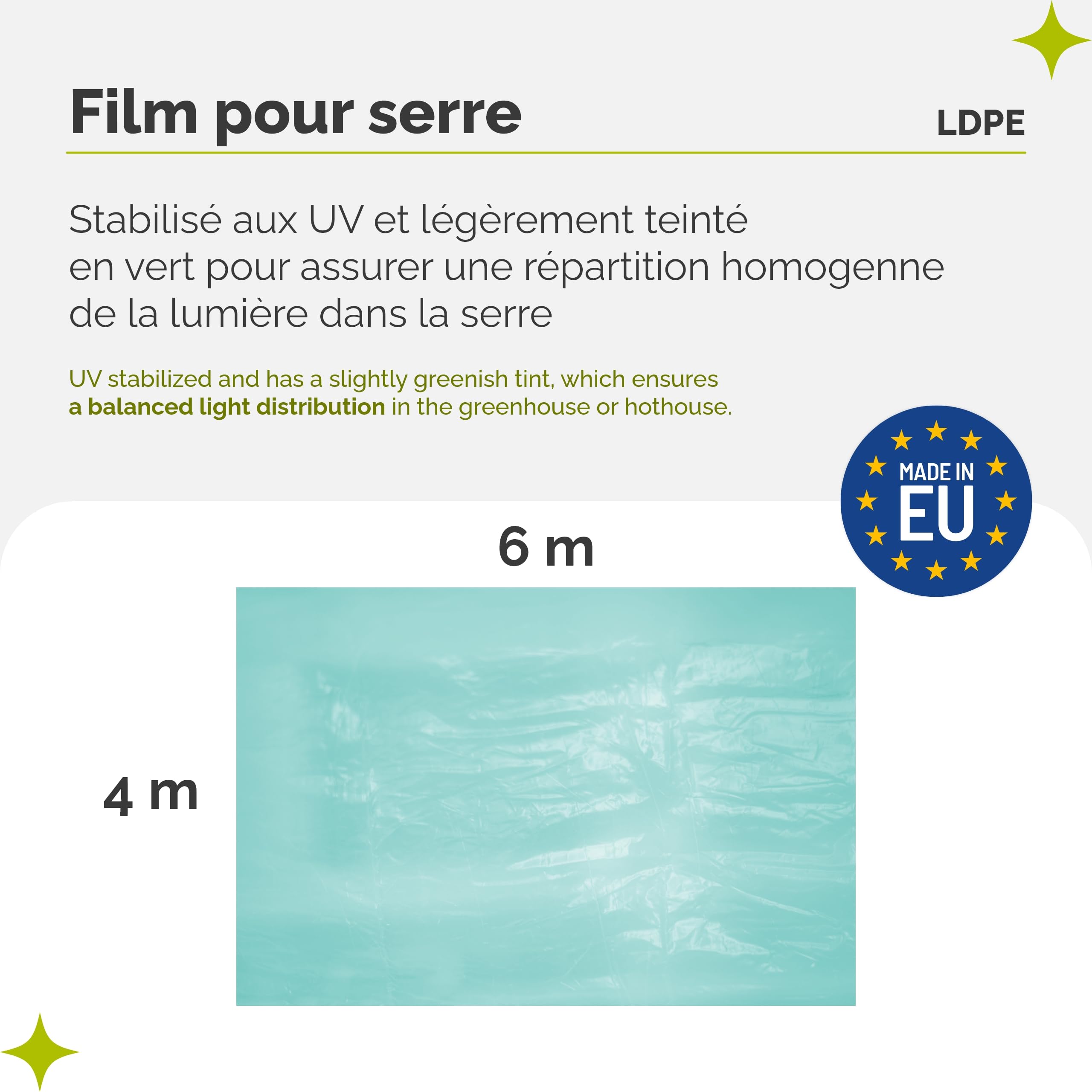 Garronda Bâche pour Serre de Jardin 6x4 m - Film Plastique pour Serre Tunnel LDPE Épais 135μm 3 Couches Anti-UV 4 Saisons Transparent Vert Résistant aux Intempéries et Protège les Cultures GD-0198
