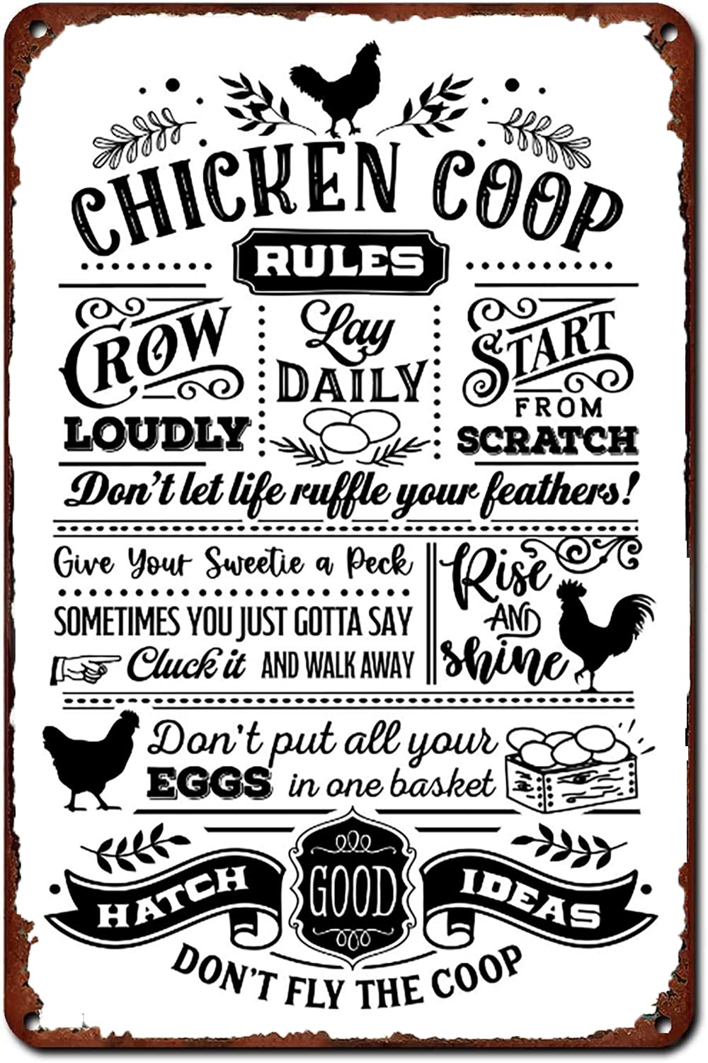 Chicken Farm Funny Retro Metal Sign, Farm House Rules Wall Plaque, Home Garden Cafe Decor, 8x12 Inch