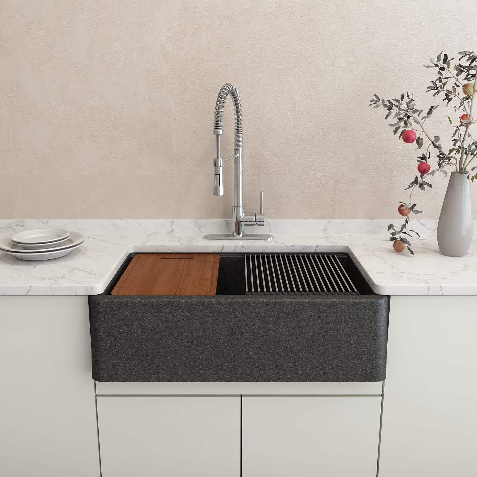 bocchi arona apron-front 33 in. single bowl granite composite kitchen sink with integrated workstation and accessories in metallic black