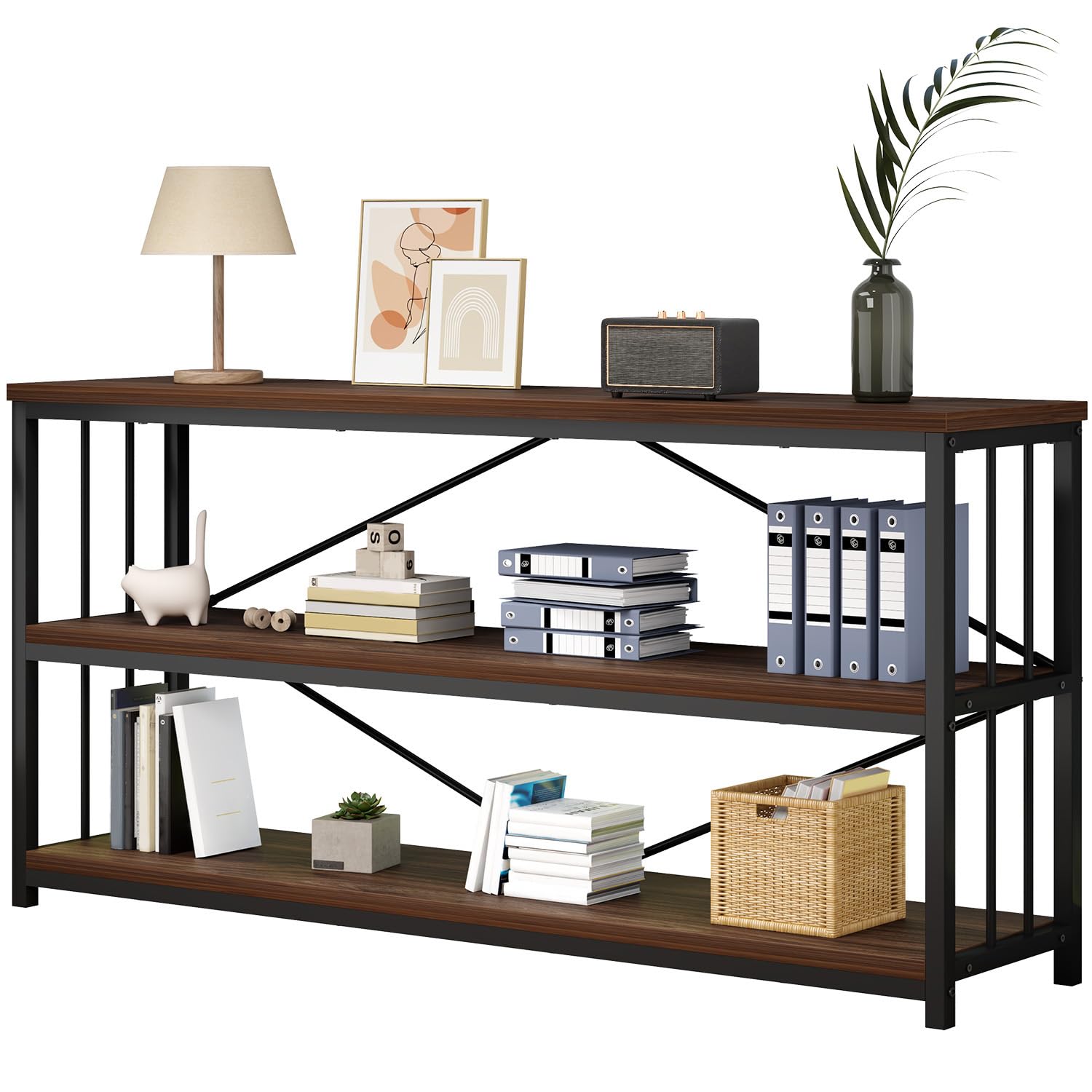 IBF Walnut Low Wide Bookcase, Vintage 63 Inch Long 3 Tier Open Book Shelf, Farmhouse Big Wood Metal sturdy Bookshelf Display Case, Simple Large Etagere Bookshelves for Home Living Room Office Bedroom
