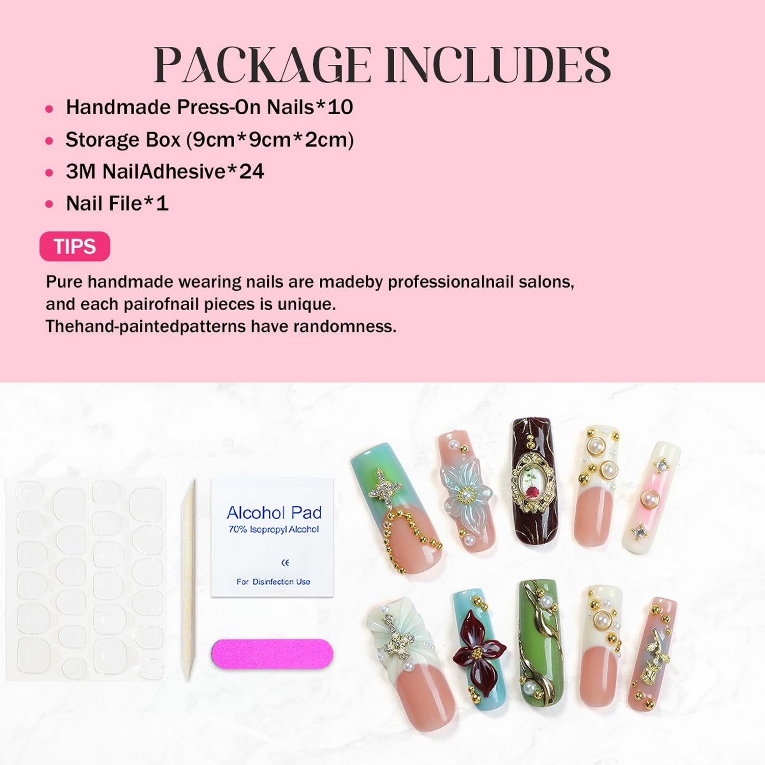 Handmade Press on Nails Long Square Fake Nails Luxury Pearl Rhinestone & 3D Flower Art Designs Salon Quality Acrylic Nails French Tip Gold Rose Steel Ball False Nails Stick on Nail for Women（Size M)