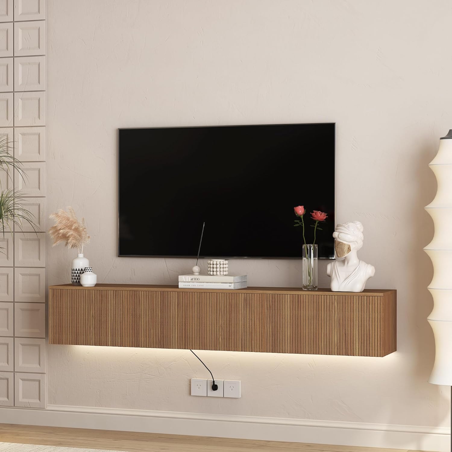 Floating TV Stand Wall Mounted for Living Room and Bedroom, Media Console Table with 16 Color LED Light, Entertainment Center with Storage and Drawers Fits TV 50-65 inch Cabinet (Wood, 68.8")