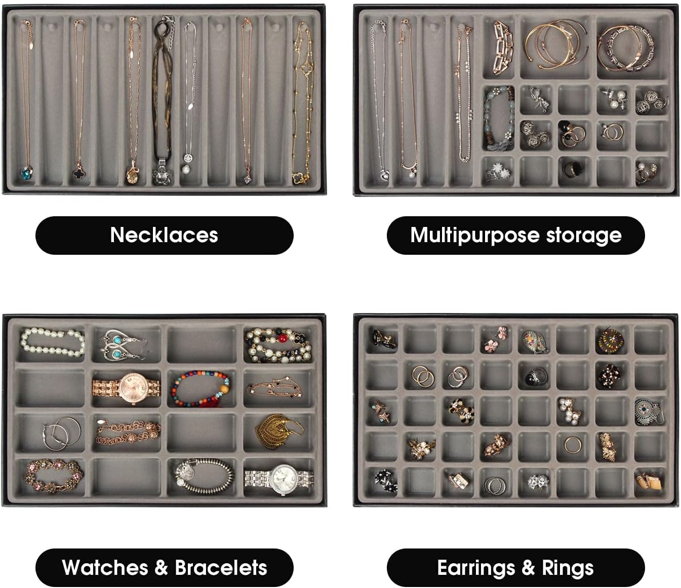 JACKCUBE DESIGN Stackable Synthetic Leather Jewelry Tray Earring Necklace Bracelet Ring Organizer Display Storage Box(Set of 4, Black, 16 x 9.6 x 1.6 inches)- :MK212-3ABCD