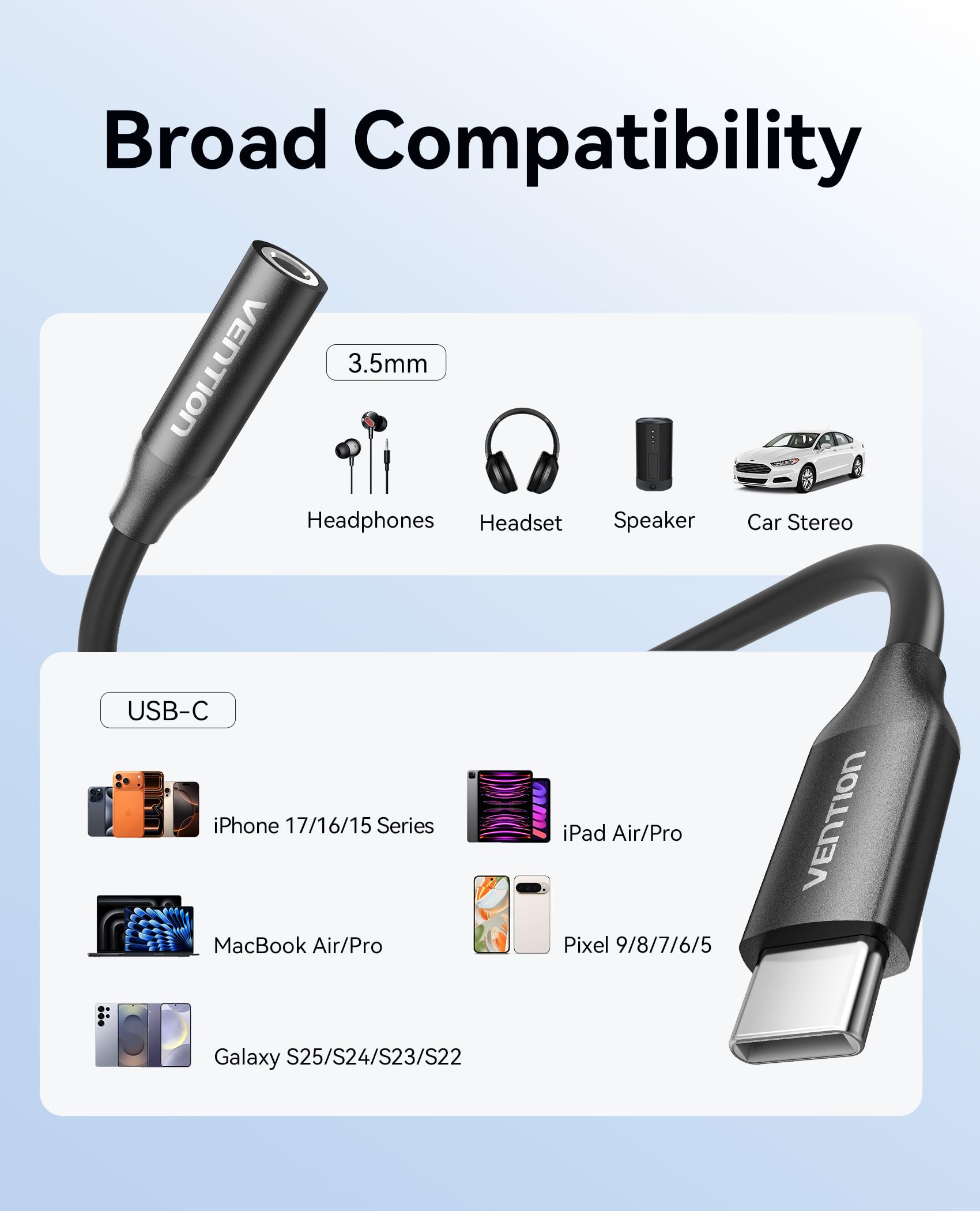 VENTION Adattatore Jack USB C a 3.5mm Bluetooth Audio per iPhone 17/16/15 Pro Max Hi-Fi