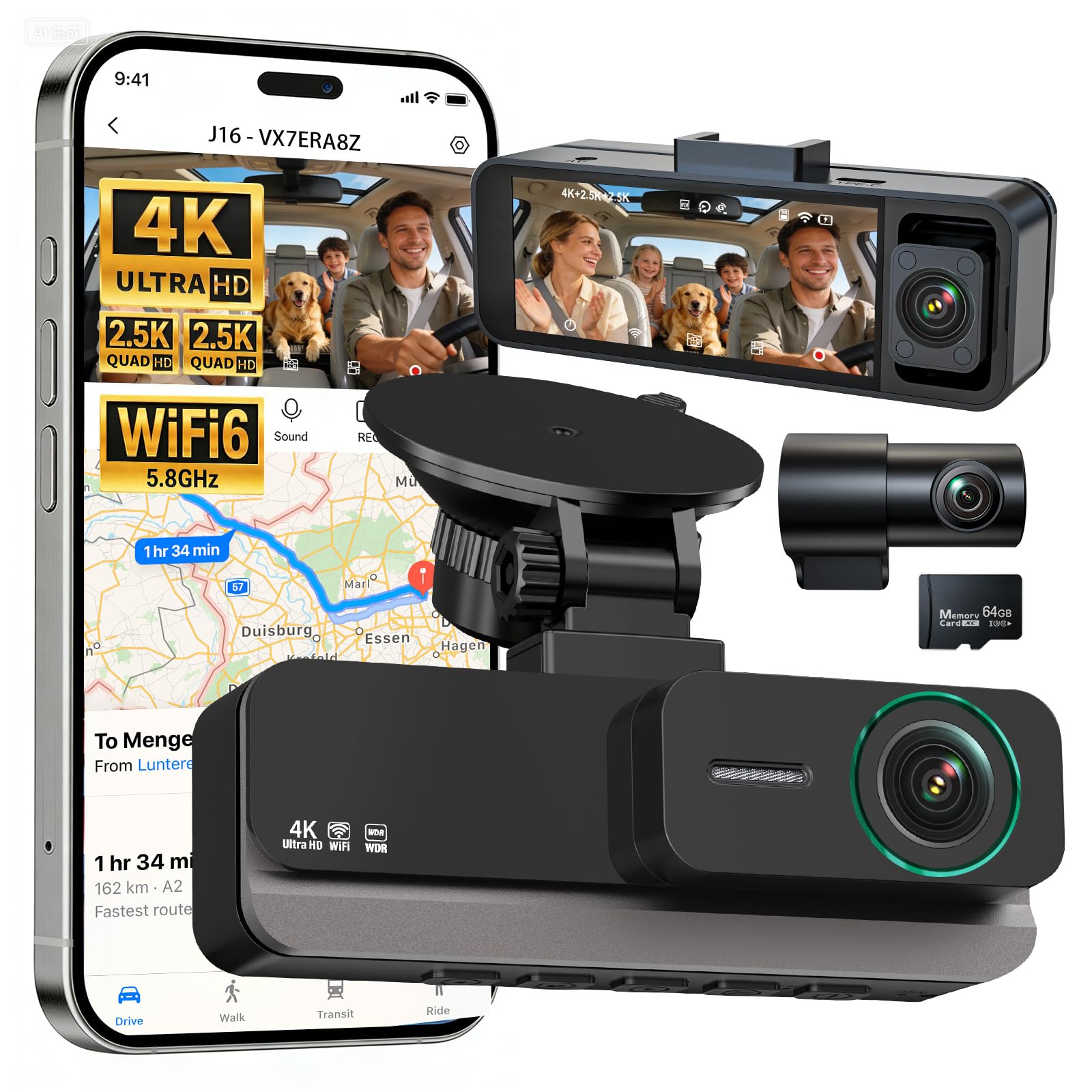 Photo 1 of Nymzview 4K+2.5K+2.5K 3 Channel Dash Cam - Front/Rear/Inside - 5.8GHz WiFi 6 Dashcam with IR Night Vision, 64GB Card, 24H Parking Mode, G-Sensor - Car Dash Cam for Rideshare & Taxi