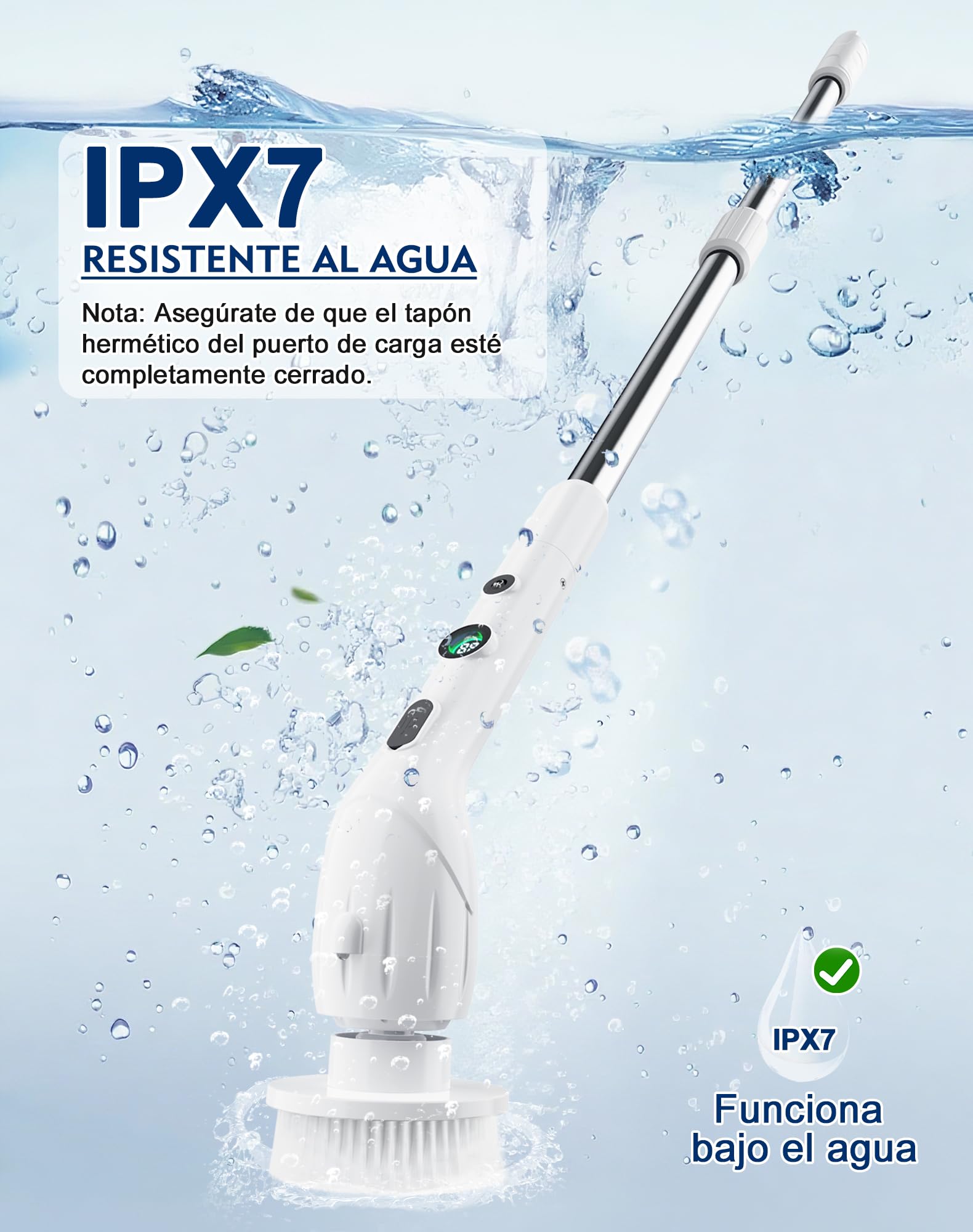 Cepillo Electrico Limpieza Hogar con 4 Cabezales Intercambiables, 2 Velocidades, Cepillo Giratorio Recargable con 2500 mAh Batería, IPX7 Impermeable, Mango Telescópico para Baño, Cocina, Suelos