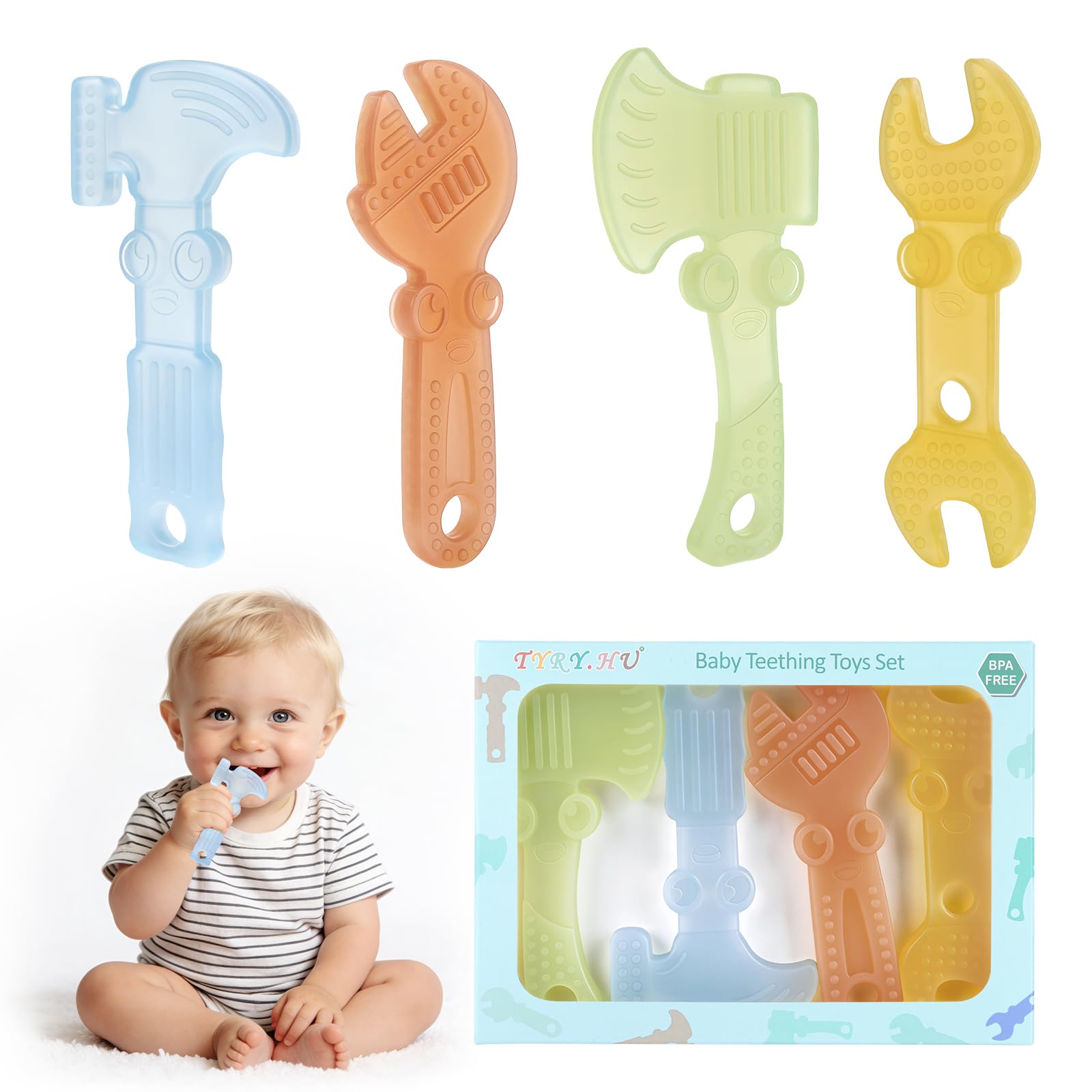 TYRY.HU Beißringe Baby Durchsichtiges Spielzeug Werkzeug aus Lebensmittelechtem Silikon,zur Beruhigung des Zahnfleischs,Leicht zu Greifen,BPA-frei Geschenk für Babys 0 3 6 12 Monate 4er