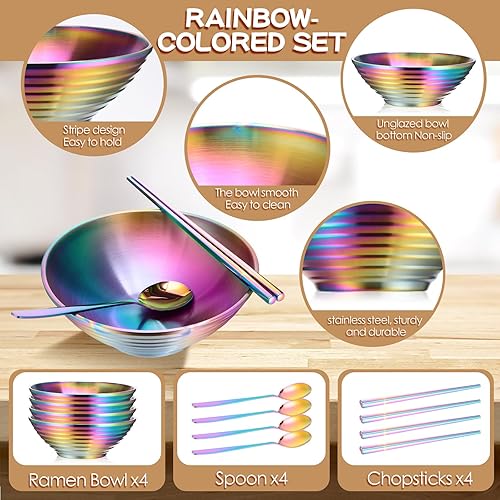 Miniatura 3 de Maxcheck Juego de 12 tazones de sopa de fideos de ramen arcoíris de acero inoxidable con cuchara y palillos a juego, accesorios para tazones de sopa