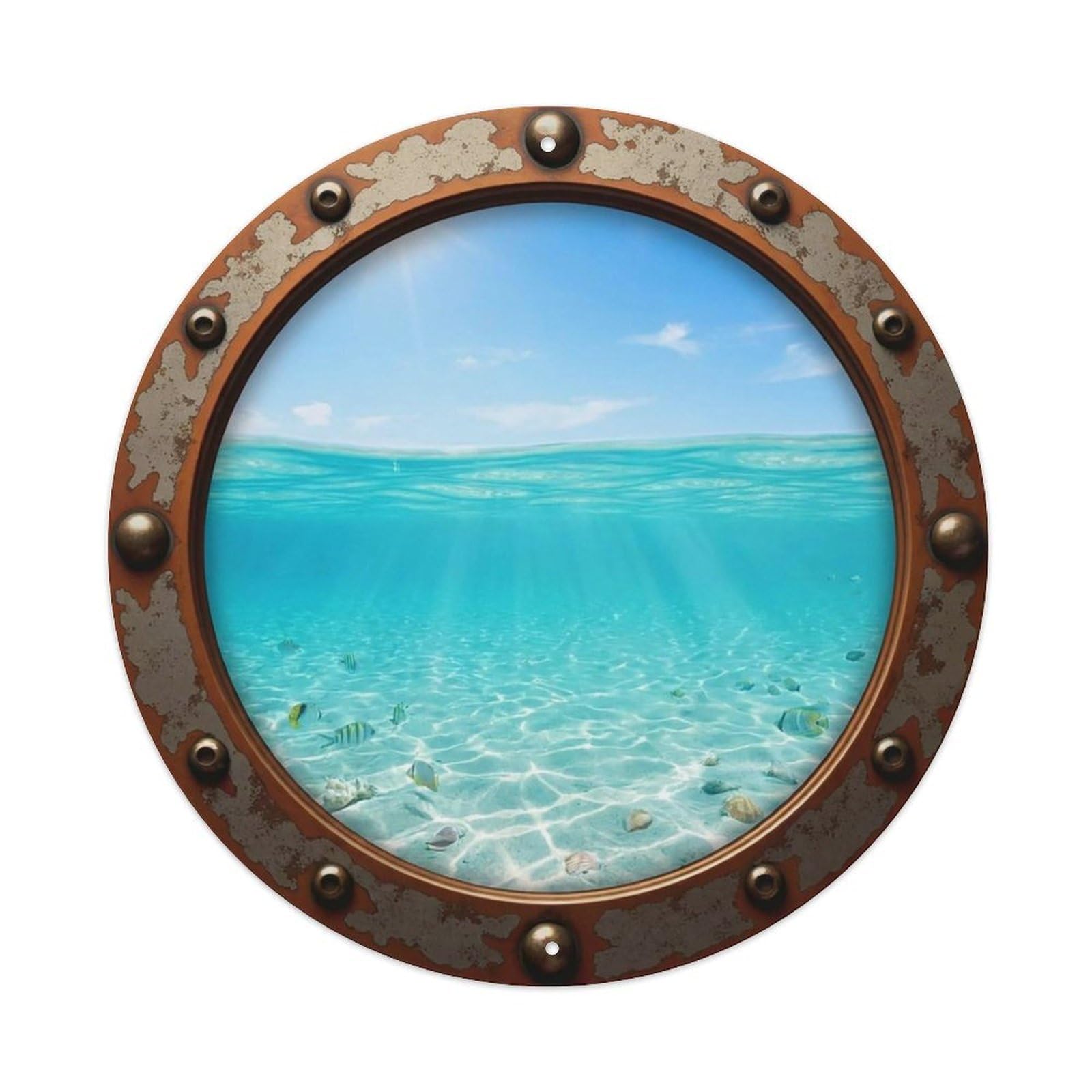 Vintage Porthole Cyan Shallow Bay View Vintage Metal Tin Sign Plaque Wall Decor for Cafe, Club Bar, Office, Garden Metal Poster 8x8Inch
