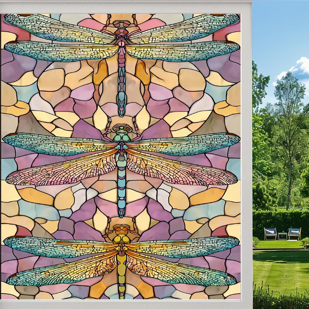 Pmlbaous Colorful Dragonfly Privacy Window Film, Abstract Flower Nature Frosted Self-Adhesive Vinyl Cling For Glass Doors Bathroom Windows Sun Blocking Heat Control, （40X80cm）