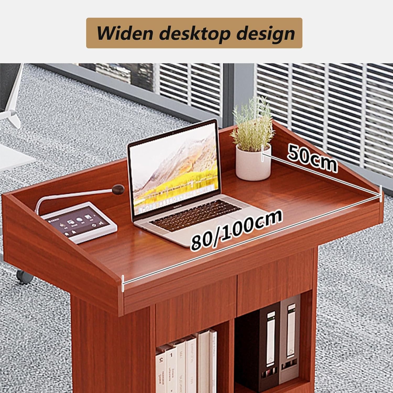 Podio de madera maciza con 2 cajones espaciosos y armario debajo del mostrador, atril de pie para presentaciones, discursos y eventos, diseño duradero y elegante