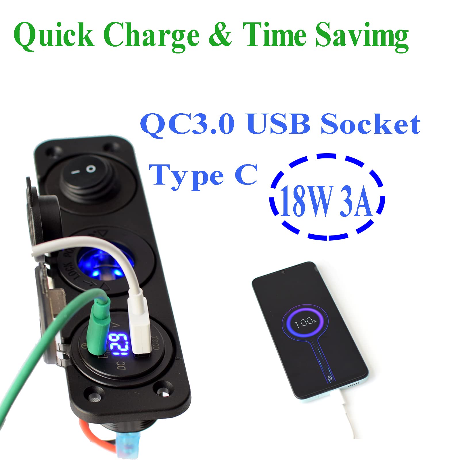 Pannello 3 In 1 Impermeabile 12V/24V Con USB QC3.0, PD Type-C, Presa Accendisigari E Voltmetro LED Per Camper, Barca, Camion