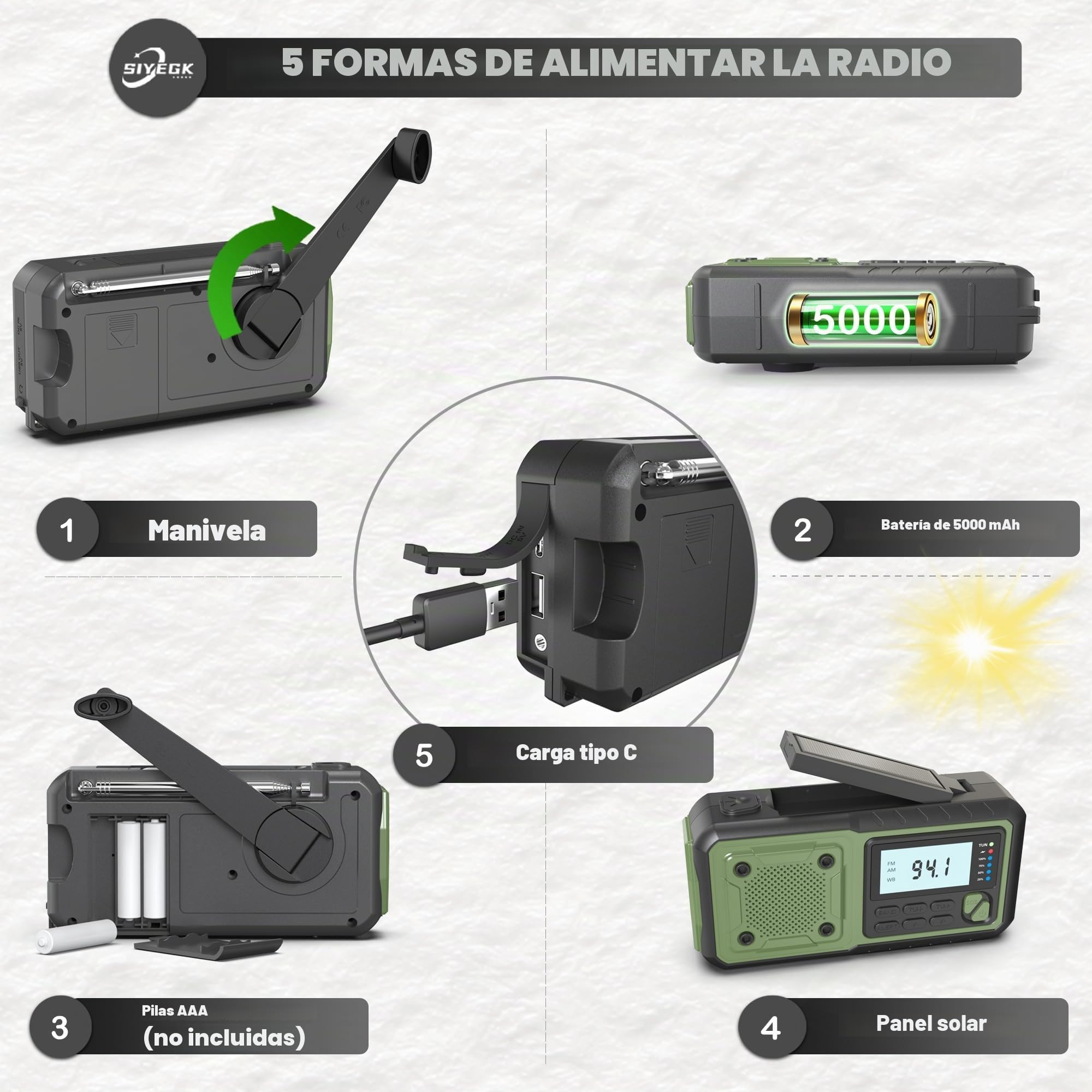 Radio de emergencia con manivela, radios meteorológicas de 5000 mAh, radios solares con manivela de emergencia, radio de alerta meteorológica NOAA/AM/FM, alarma SOS, linterna y lámpara de lectura