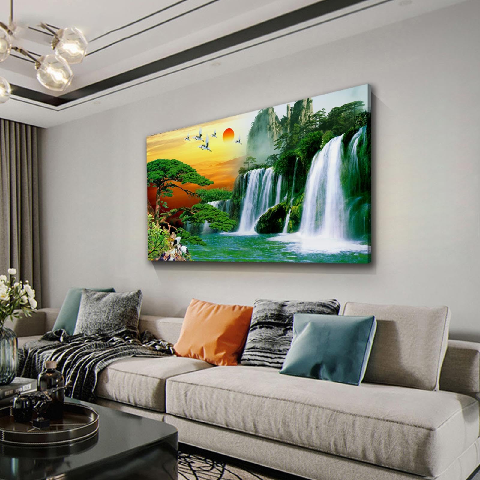 Via Vela Cascade grue toile art mural accueillant pin scénique coucher de soleil peinture photos œuvres d’art impressions nature affiche pour intérieur couloir décor 25x50cm cadre intérieur