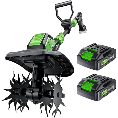 20V Cordless Tiller for Gardening, Electric Garden Tiller with 2 * 2.0Ah Batteries, 9" Width, 6.6" Depth, Lightweight 360RPM, 48 Steel Tines Mini Rototiller for Weeding, Gardening & Soil Cultivation