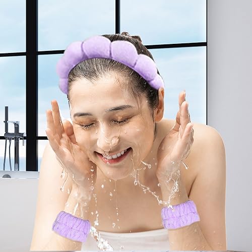 Miniatura 3 de Diadema de spa para lavado y pulsera, diadema de esponja para mujer, lavado de cara, maquillaje, cuidado de la piel, diadema antideslizante,