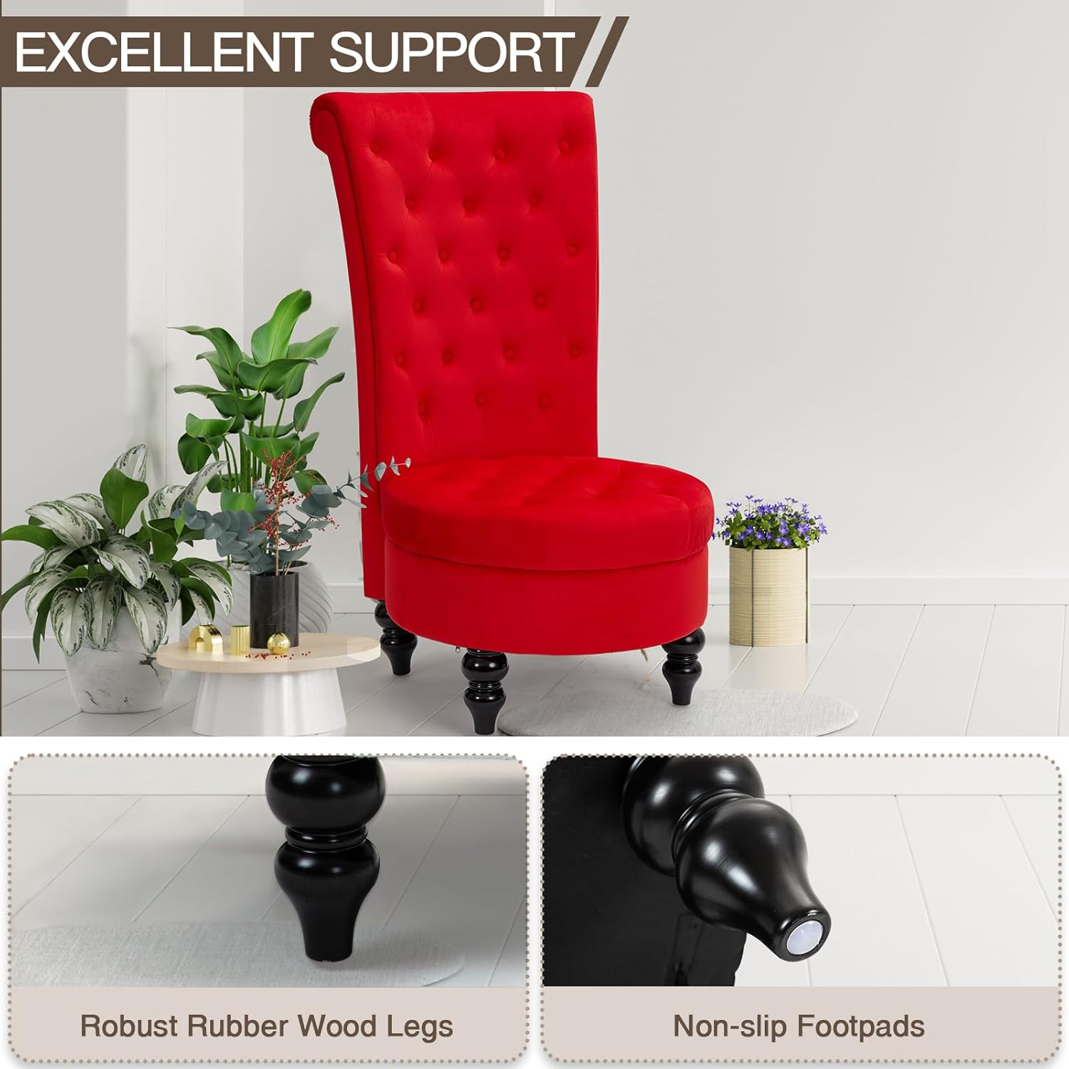 AVAWING Throne Royal Chair Set of 2, Button Tufted High Back Royal Chair with 24.6 Inches Round Seat, Armless Aceent Chair with Thick Padding and Rubberwood Legs for Living Room, Red