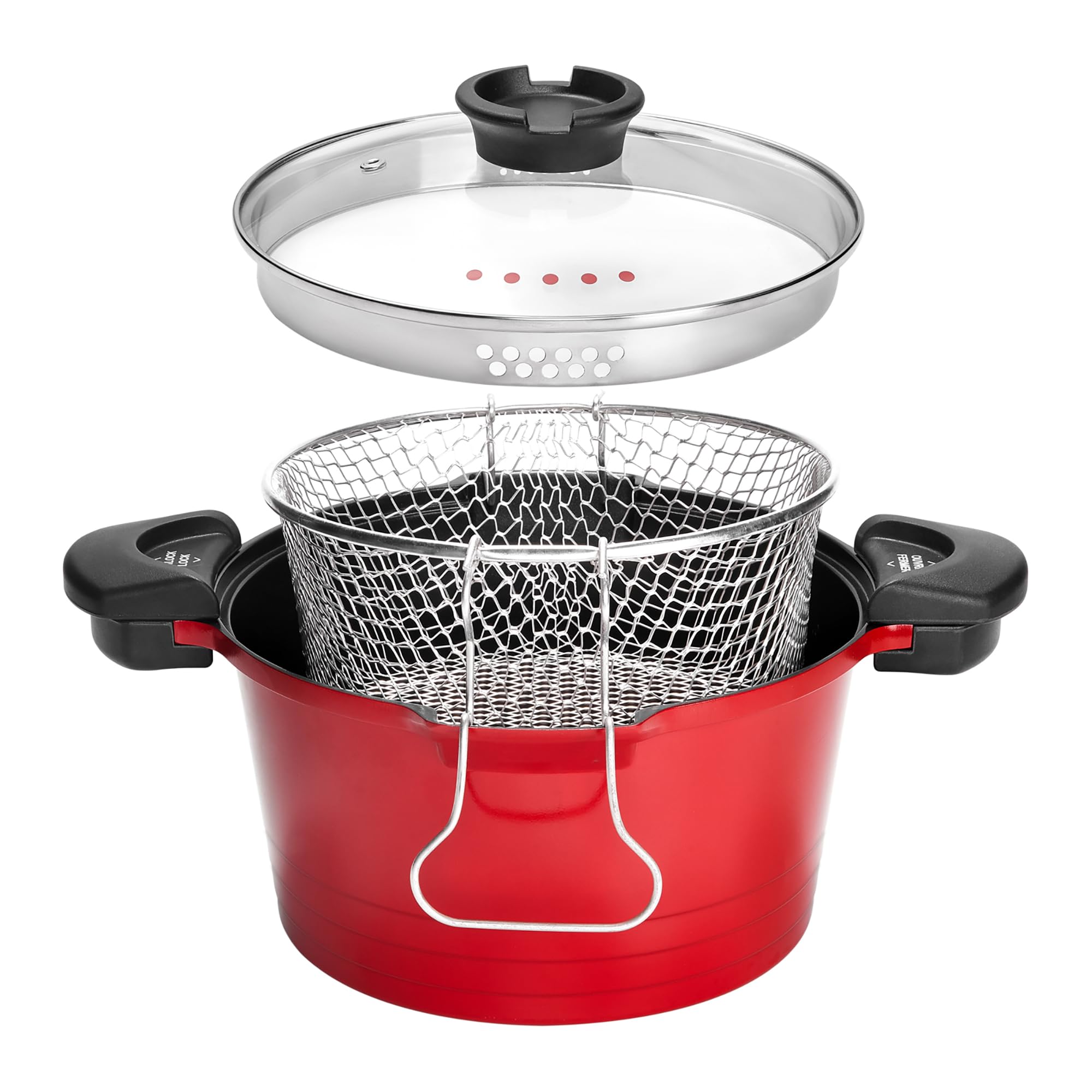 ROSSETTO Olla para pasta Tradicional 24 cm, Cesta, Tapa de Vidrio, Rojo | Cocción versátil con gran capacidad y cuerpo de aluminio fundido. Compatible con todo tipo de cocinas, incluida la inducción
