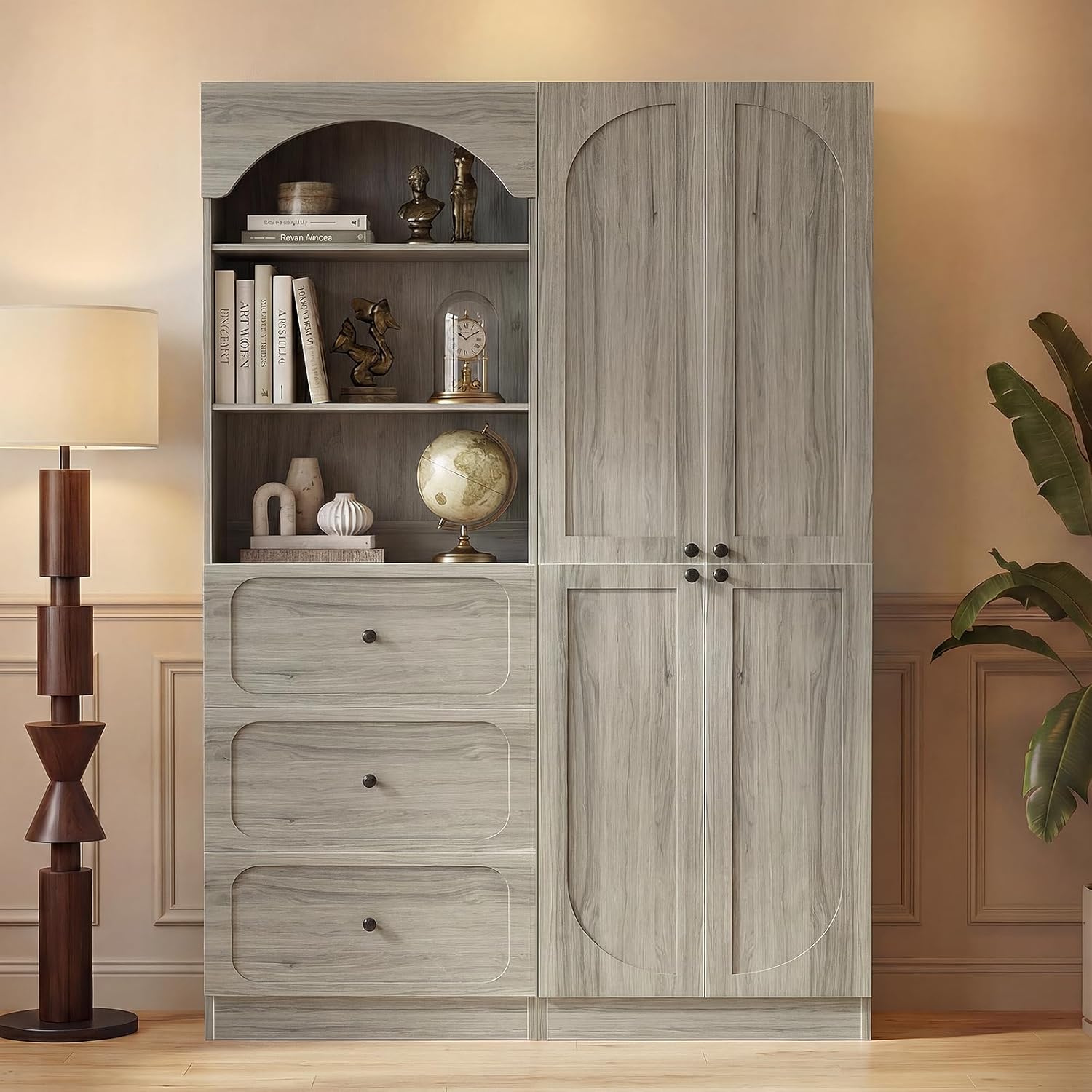 Cyclysio 80" Tall Bookshelf System with 3 Drawers, Arched Bookcase with 8 Doors, Wooden Pantry Storage Organizer Cabinets with 3-Tier Open Shelves for Living Room, Kitchen, Bathroom
