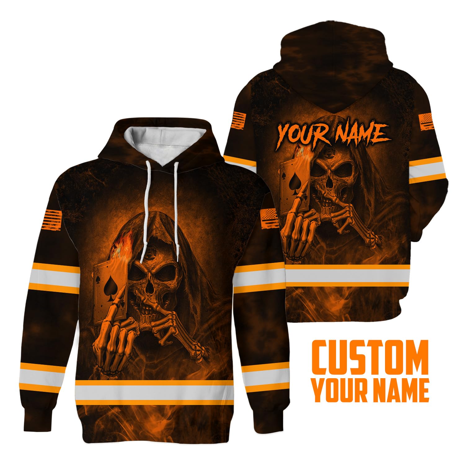 Maddly Hi Vis Hoodie Reflective Skull Orange Neon US Flag Custom Name Safety Workwear for Workers, Cyclists, Truckers, Operator, Patriotic, Skull Lover-XL