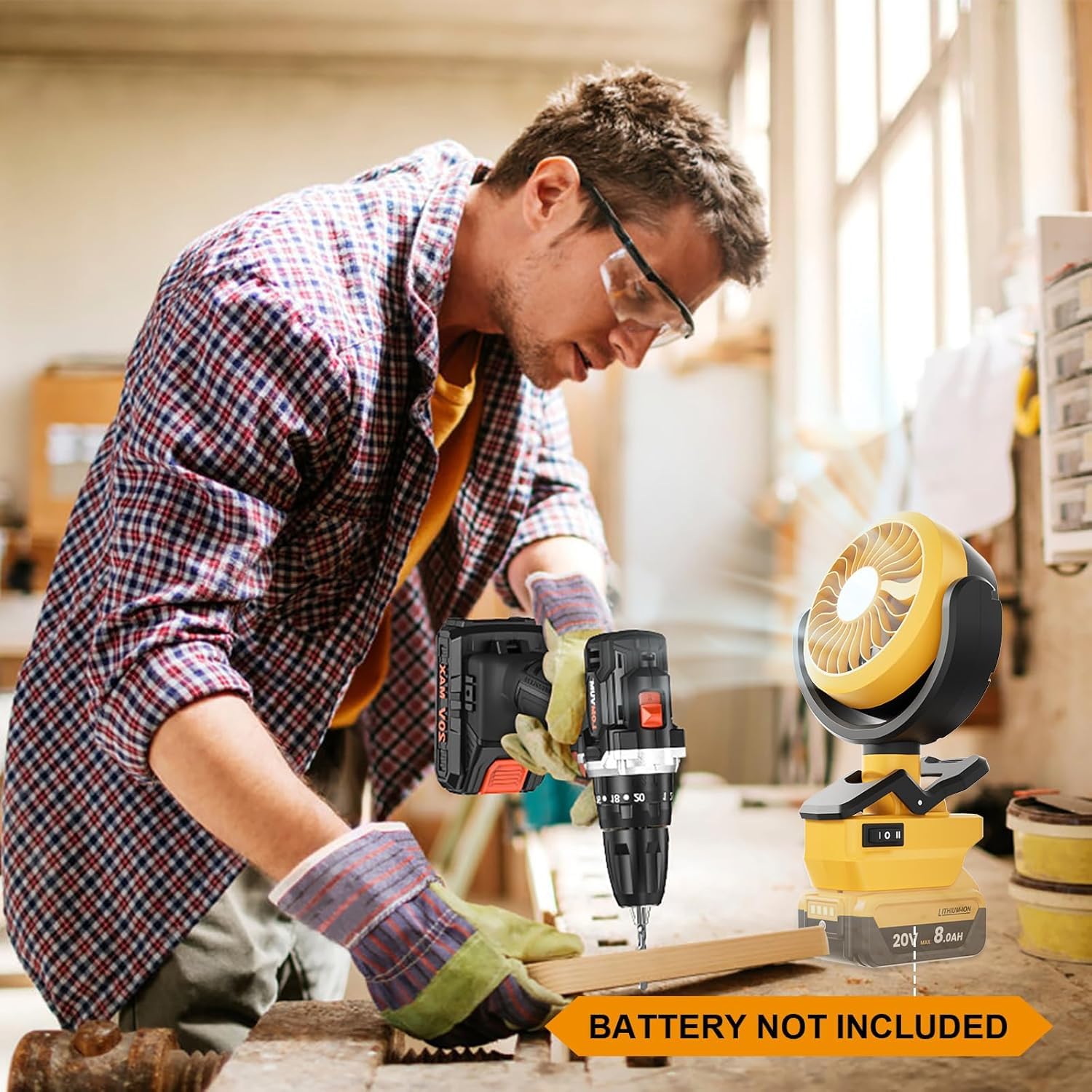 Tragbarer Ventilator mit 2 Stück 8000mAh Ersatzakkus für Dewalt 18V DCB182, Kompatibler Mini Lüfter mit 2 Wind- & Lichtstufen, Leiser Wiederverwendbarer Kühlventilator für Camping, Büro und Outdoor