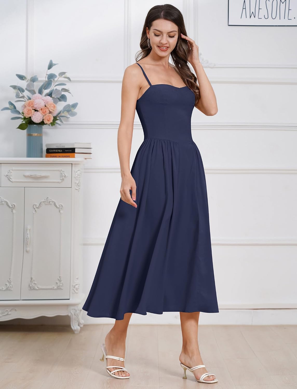 ODIZLI Womens Corset Dress Summer Sundress Spaghetti Straps Low Cut Bustier Cami Midi Dress with Pockets Solid/Floral Print image 3