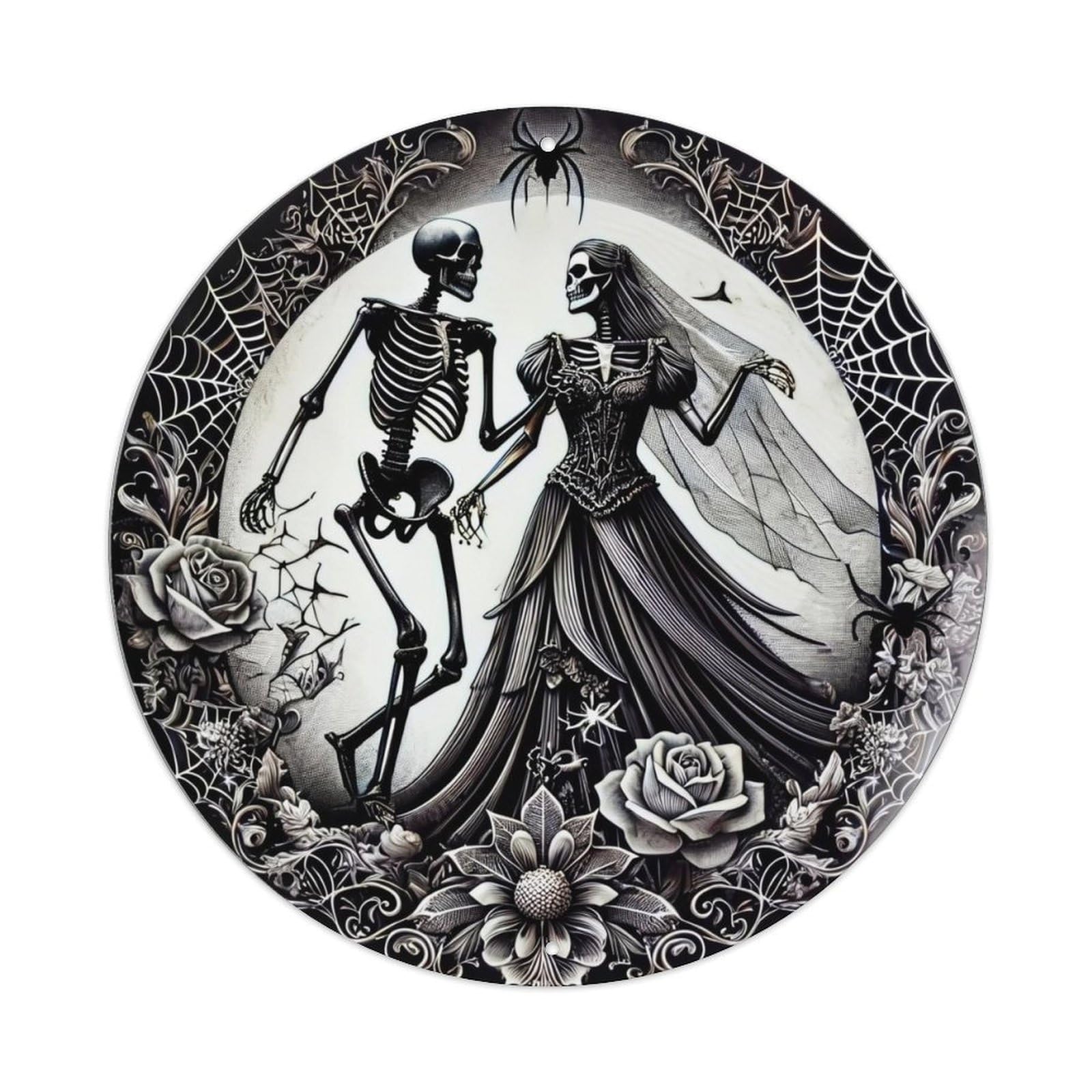 Skeleton Couple Moon Web Roses Retro Metal Sign Round Tin Sign, Vintage Decor Art Poster for Bar, Home, Man Cave, Kitchen, Laundry Room Gift 8x8Inch