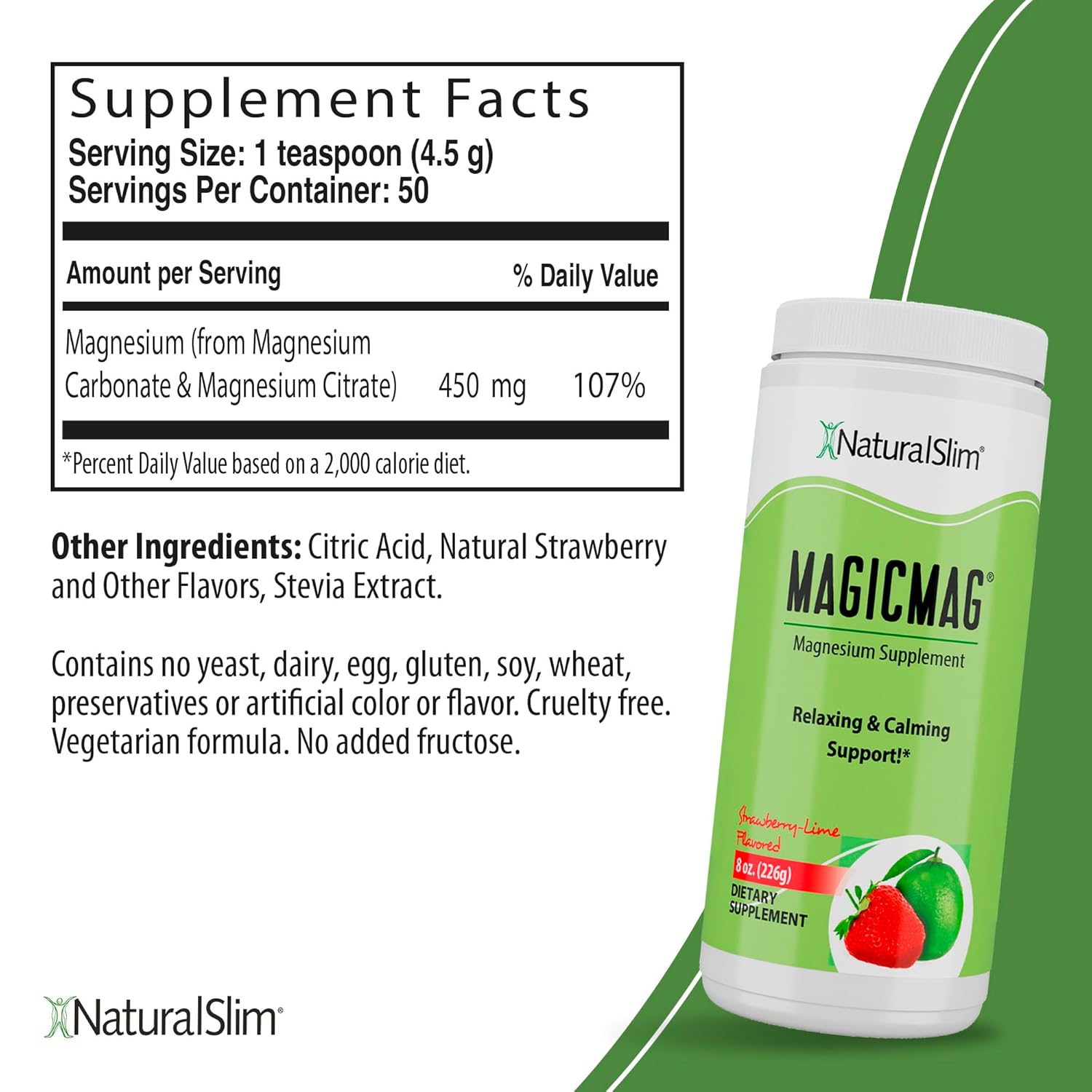 NaturalSlim Double Wall Glass Mug & Magicmag Pure Magnesium Powder - Borosilicate Clear Drinking Cup Insulated Transparent Mugs w/Bamboo Lid 13.5oz. - Strawberry & Lime Flavor Drink 8oz