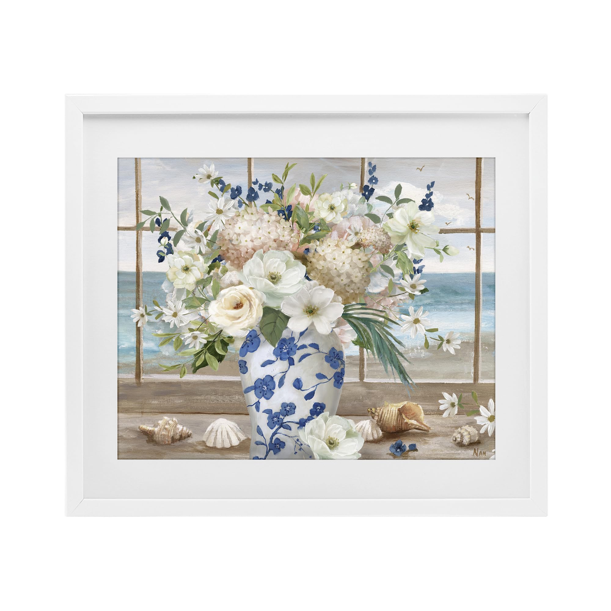 Stupell Industries Coastal White (Textured) 'Seashells & Flowers Windowsill', Framed Print Under Glass, White, 16 X 13 Inches, Easy To Hang And Sturdy, Made In Usa, By Nan