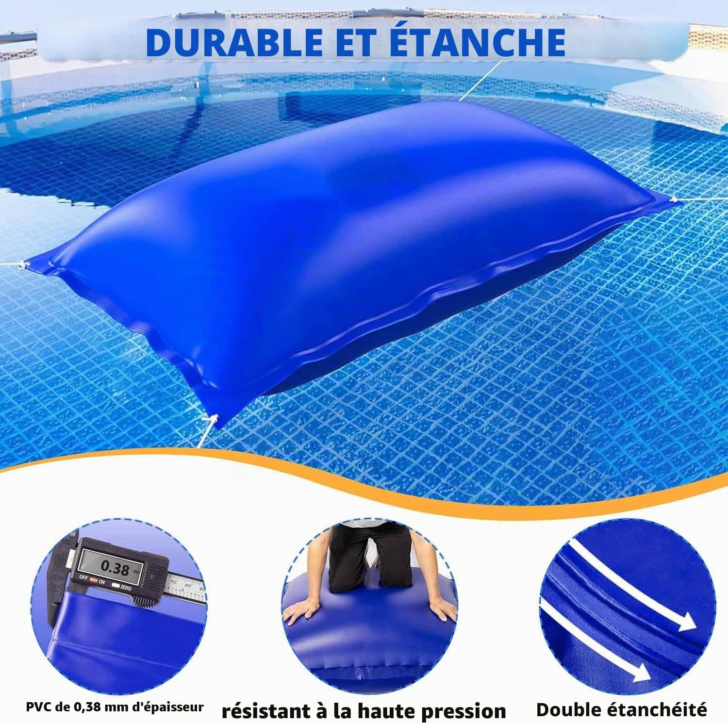 Panngu Coussin de piscine 200 x 400 cm, coussin d'air pour piscine d'hiver, taille XXL, avec pompe, kit de réparation pour couverture de piscine résistante à l'hiver, 2 m x 4 m, bleu