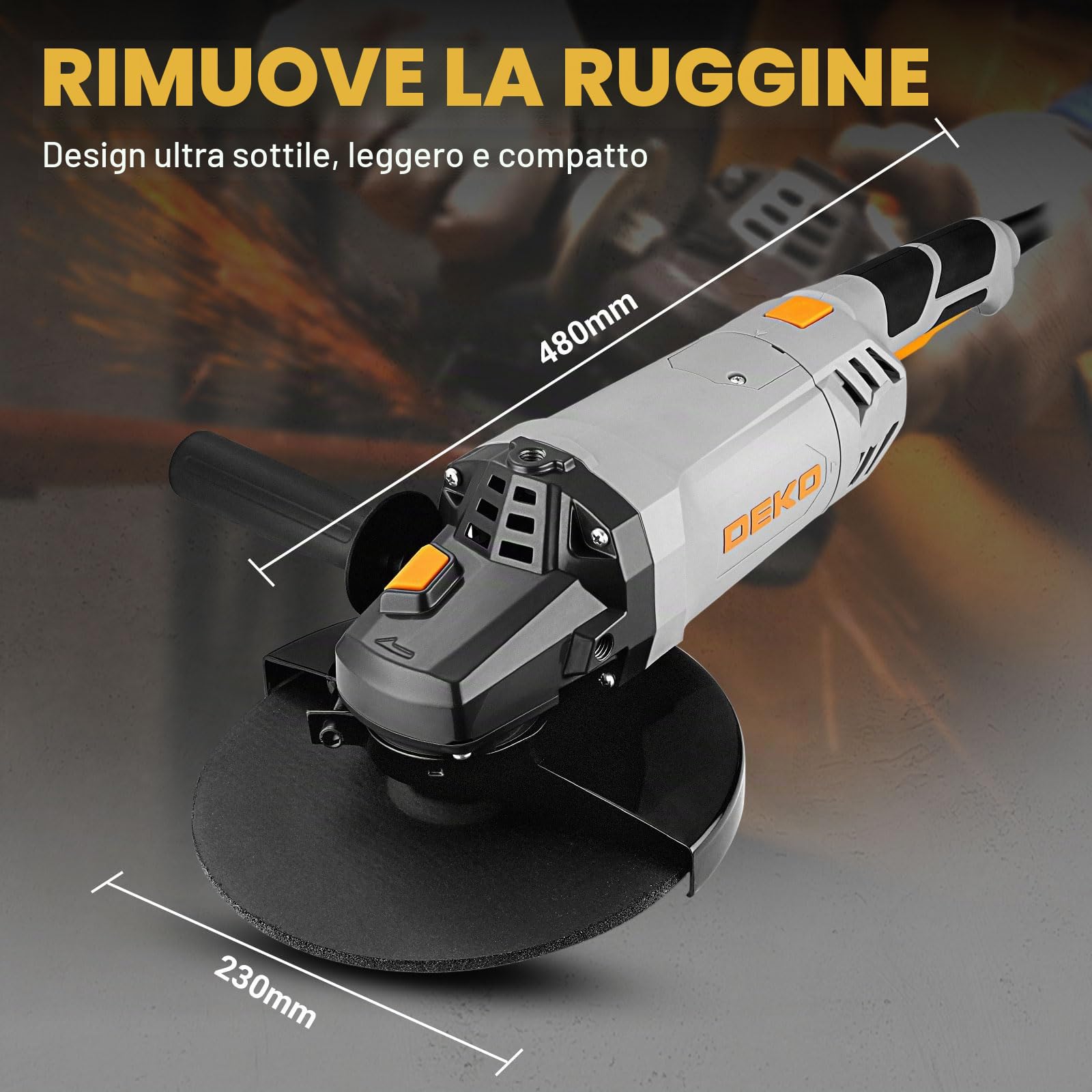 DEKOPRO Smerigliatrice Angolare: 230mm 2200W Smerigliatrice Angolare Elettrica con Cavo, Velocità 6500 RPM, per Tagliare, Lucidare e Smerigliare, con Manici Lunghi