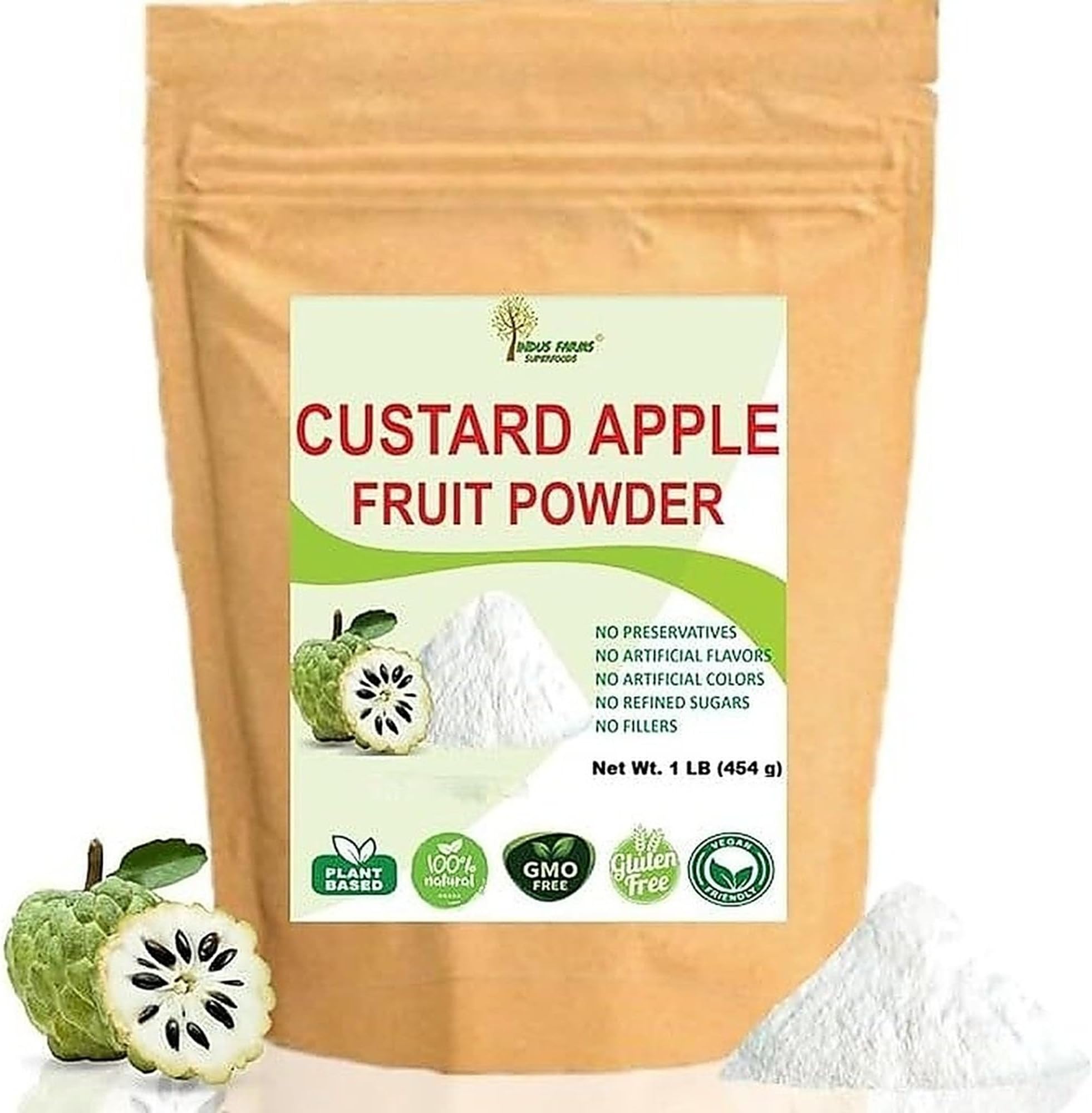 Indus Farms Custard Apple Fruit Powder | Creamy Tropical Flavor for Smoothies, Desserts, Baking & Beverages | Plant-Based | Easy-to-Mix | 1 LB