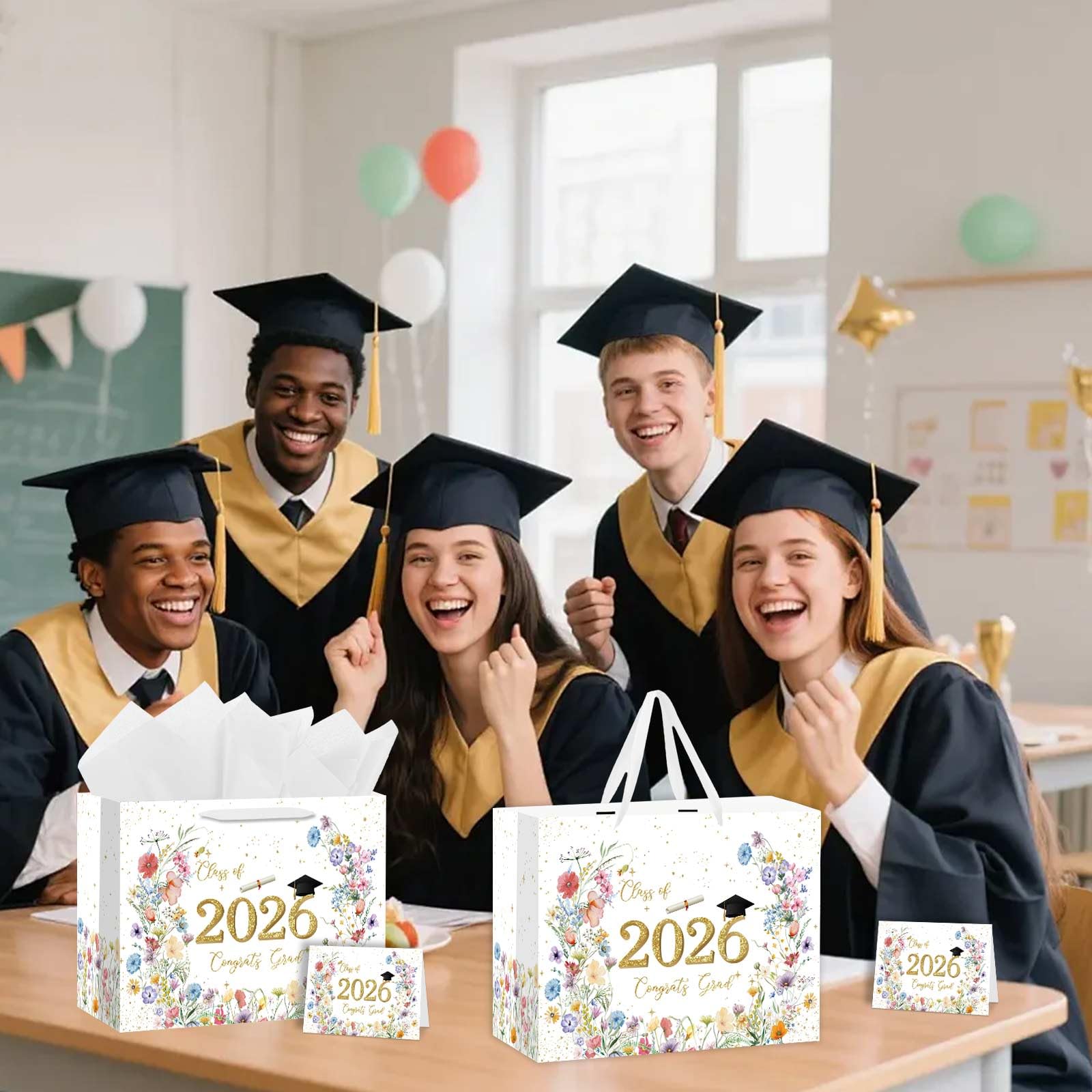 Zliisang 1PCS Class of 2026 Graduation Gift Bag for Girls with Tissue Paper and Greeting Card Wildflower Floral Congrats Grad Party Favor Supplies Graduation Party Decorations