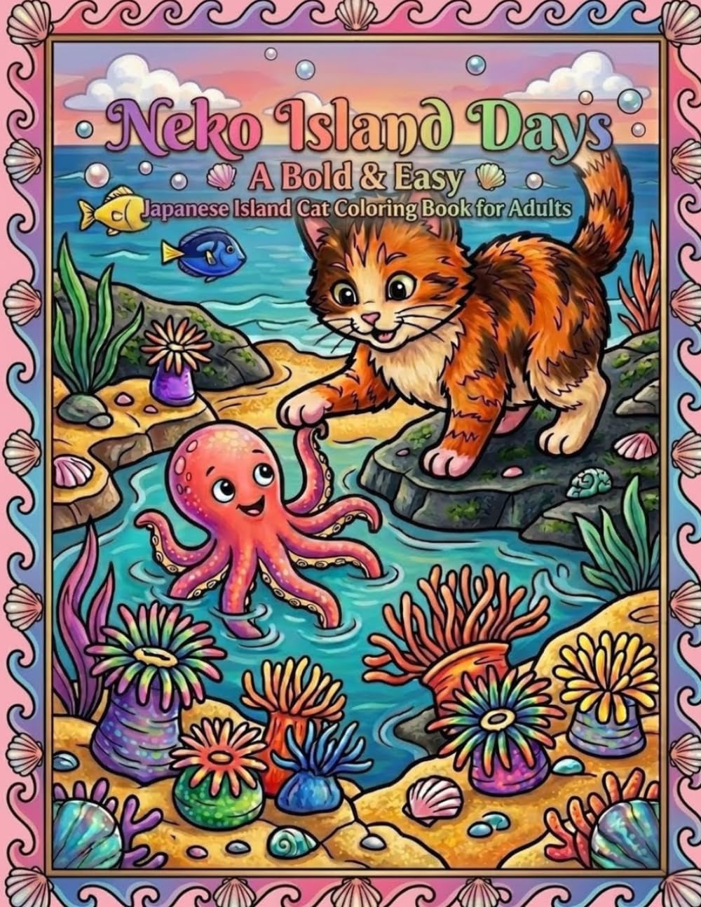 Neko Island Days: A Bold & Easy Japanese Island Cat Coloring Book for Adults