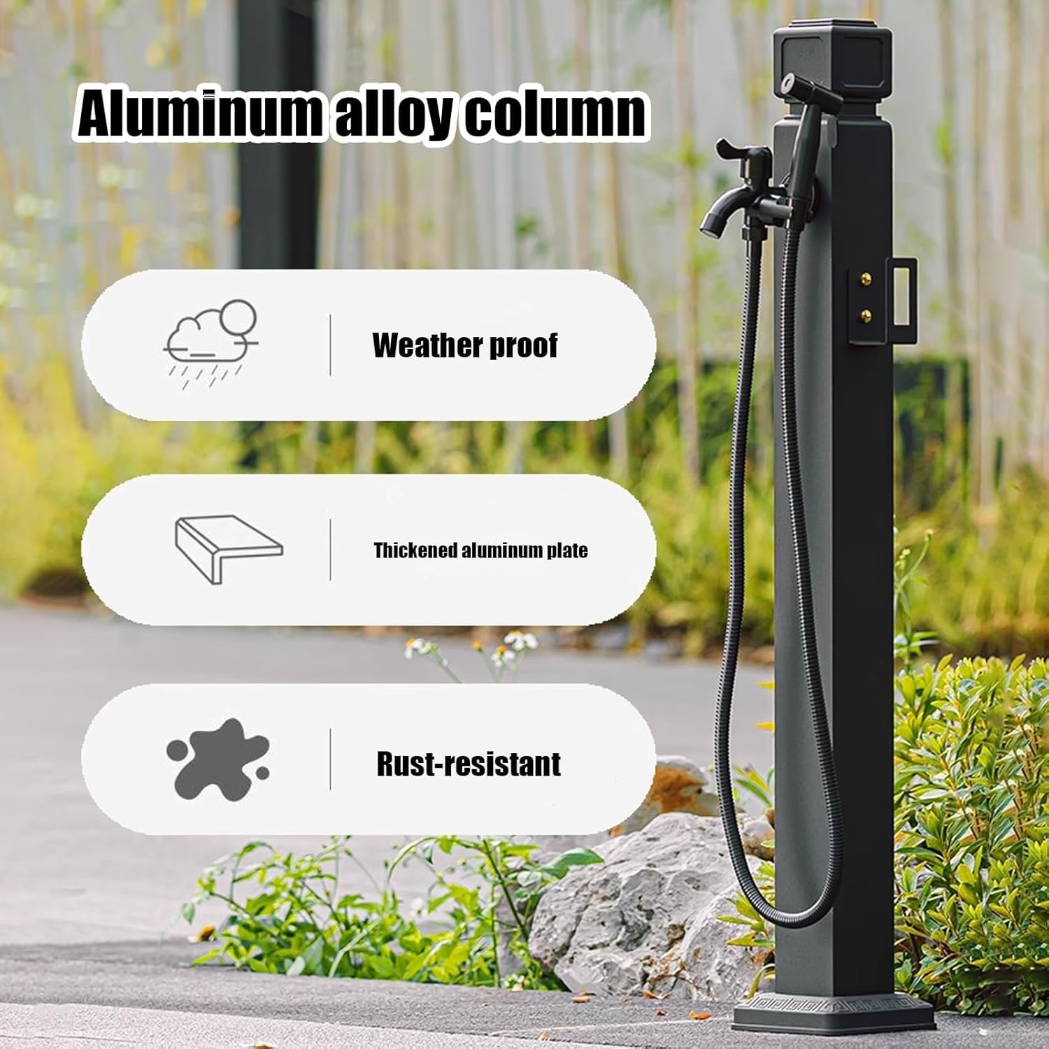 Robinet de jardin sur socle, Colonne d'eau extérieure en acier inoxydable | Noir, 60 cm/23,6 pouces et 95 cm/35,4 pouces, arrosage du jardin : connectez le tuyau d'arrosage(Black a,95CM/35.4IN)